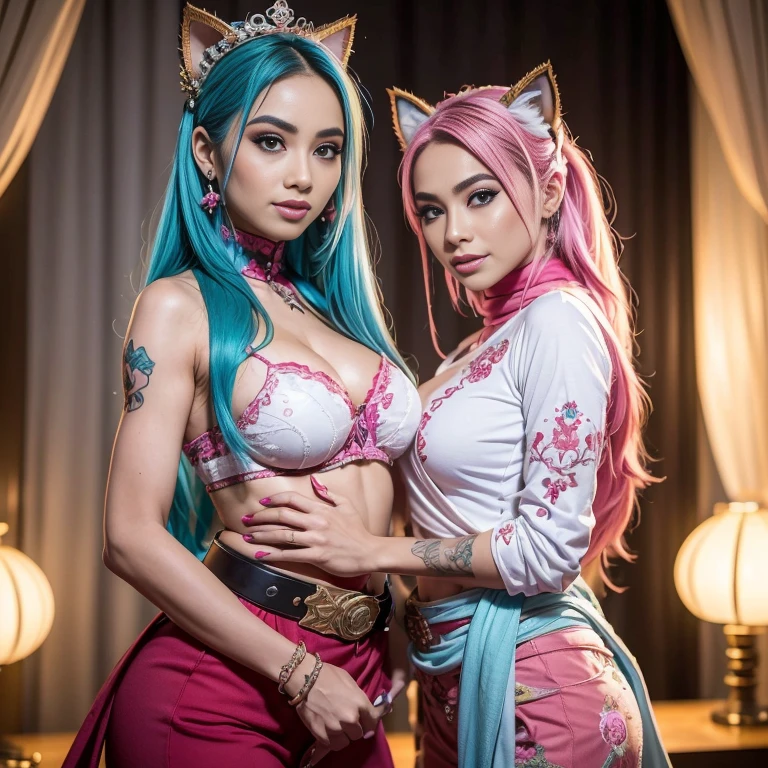 Two:2 prostitutes, bestquality,master-piece,High resolution with high detail,(brilliant:1.4),raw photograph,,optical illusion,1girle,(Solo exhibitions:1.2),(cowboy lens:1.2),(Hair crown:1.2),Traditional costumes of Dunhuang, china,strapless,(red eyeliner:1.2),(Black eyes:1.4),earings,dynamic angle,entertainment,messy_long_hair,ink,cinematic light,lanelare,Velvet,chrysanthemum,tassels,ribbons,Colorful embroidery,upper half body,Facing the lens,Dynamic Poses,large,Embroidered shoes, red bra, all red, oppai proportions, sexy :8k, 4 k, big breasts!, bottom angle, big breasts!!, Malay beauties, biomechanical oppai, fujita goro and jones, thicc, wearing hijab, hijab star, hijab gorgeous, hijab super model, Malaysian girls group,malay, The whole body consists of a young girl with hijab, Eye makeup, 21yo, Cat ears, Soft lighting, group, Wear shabby clothes, Dirty, Tattered futuristic bikini, Cat's paw badge, Pose, spot color, rendering by octane, Ultra-realistic intricate details, Cinematic, 8K resolution, 70mm, emphasis lighting, Global illumination, (((wearing a Sexy belt design by LV))) Surreal full-body figure, Beautiful and delicate body and face, gorgeous figure, ssmile, Titillating,Surreal full-body figure,Beautiful and detailed body and face, Super vista, White skin of the, vivd colour,🔥8k, (masterpiece), (((highest quality)), (super detailed), 2 girls, (iridescent hair, colorful hair, half blue and half pink hair: 1.2), 38 years old, (Gorgeous Malay Girls: 1.2), outdoor, bangs, smile, sky blue eyes, perfect hands, perfect hands, hand details, corrected fingers. Earrings, Night Store + Background, looking_at_viewer, Cowboy Shot, Top Quality, Rich Detail, Perfect Image Quality, big breasts, slender body