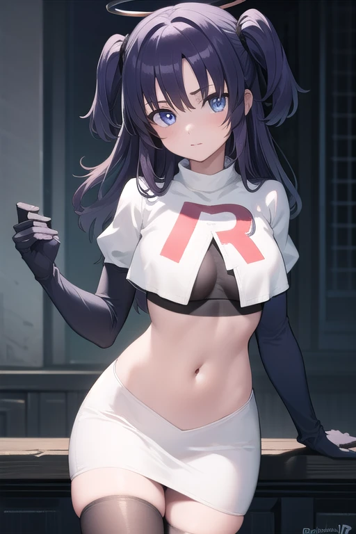 bluearchiveyuuka, yuuka, blue eyes, halo, purple hair, two side up, long hair,
BREAK halo, team rocket,team rocket uniform,white skirt,red letter R,crop top,black thigh-highs,black elbow gloves
BREAK looking at viewer,
BREAK (masterpiece:1.2), best quality, high resolution, unity 8k wallpaper, (illustration:0.8), (beautiful detailed eyes:1.6), extremely detailed face, perfect lighting, extremely detailed CG, (perfect hands, perfect anatomy),