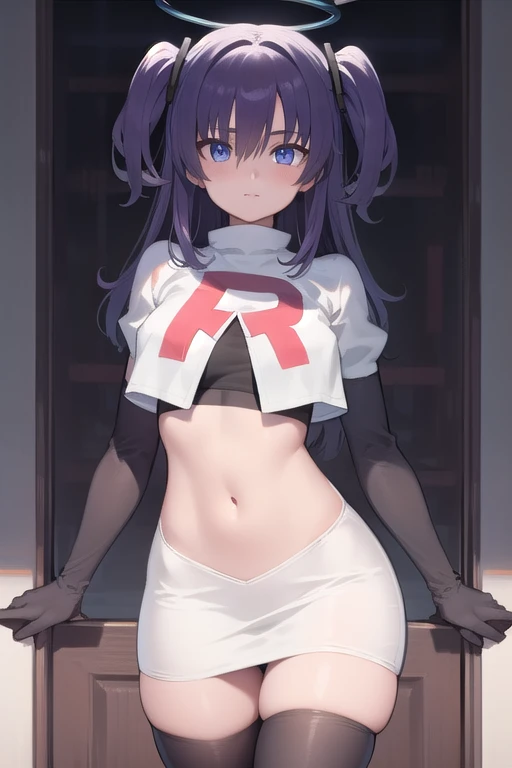 bluearchiveyuuka, yuuka, blue eyes, halo, purple hair, two side up, long hair,
BREAK halo, team rocket,team rocket uniform,white skirt,red letter R,crop top,black thigh-highs,black elbow gloves
BREAK looking at viewer, 
BREAK (masterpiece:1.2), best quality, high resolution, unity 8k wallpaper, (illustration:0.8), (beautiful detailed eyes:1.6), extremely detailed face, perfect lighting, extremely detailed CG, (perfect hands, perfect anatomy),
