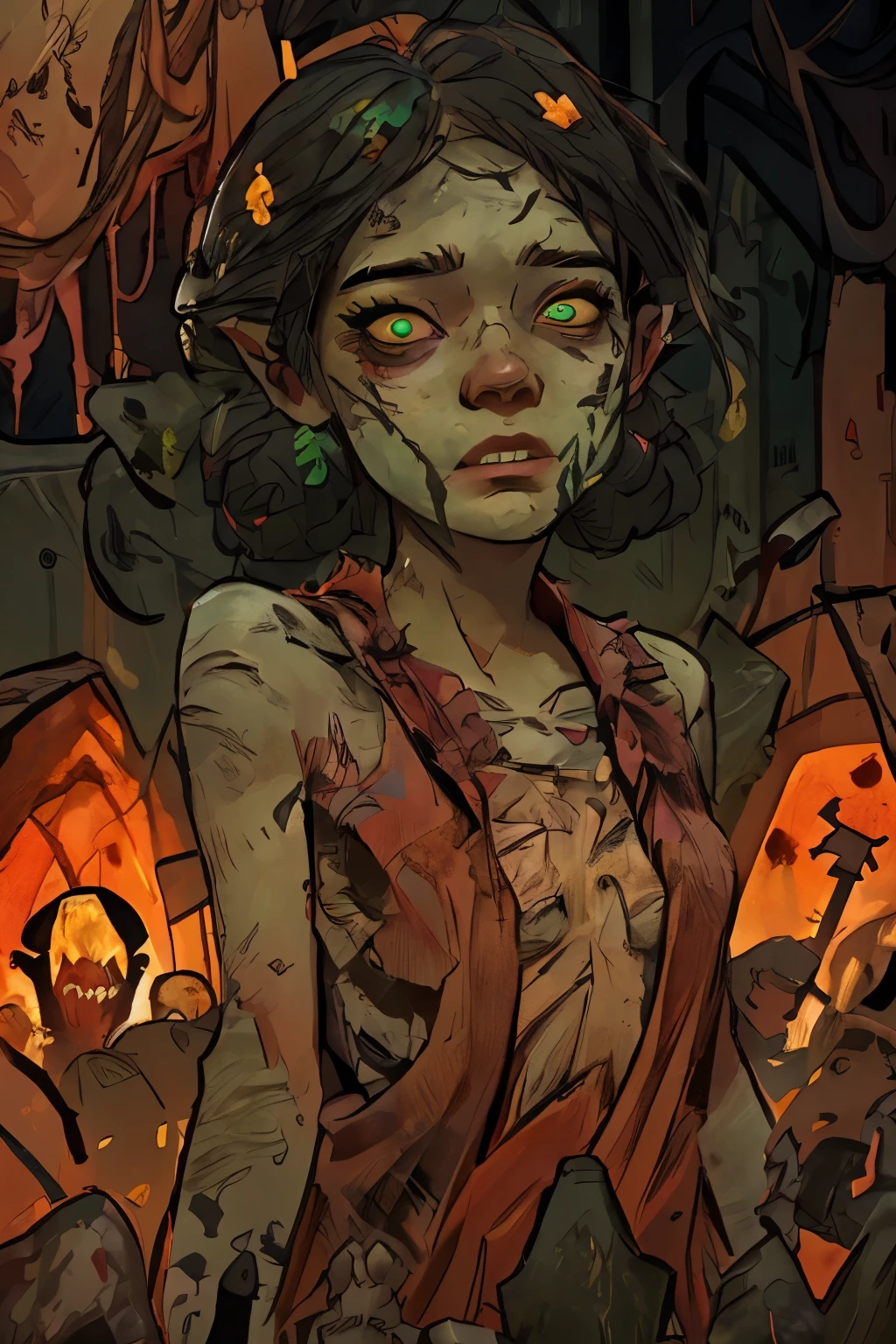 fantasy art 8k,masterpiece
pmmkr2024,best quality, trending on artstation,calm,quiet,Best quality, evil kid gicontrols all the zombies,red bright eyes zombies,apocalypse zombie,running zombies,nice detailed hands,nice detailed face,nice detailed body,perfect art, wearing black-and-red, infected-like tattered robe adorned with zombie markings, face is obscured , (glowing green eyes), ((levitating)), high detail, sharp focus, dramatic, photorealistic painting art ,all people zombies,lurid,toxic,venom,full  body,parasite,necromorph,babydoll,terror,horror