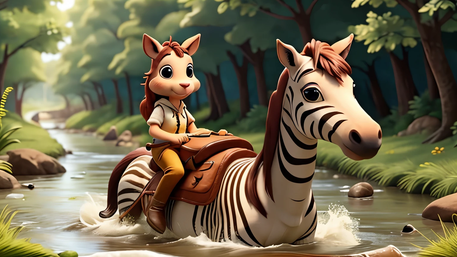 The horse Alex helping the Zebra weasel Nara to cross a river, carrying her clothes on her back.