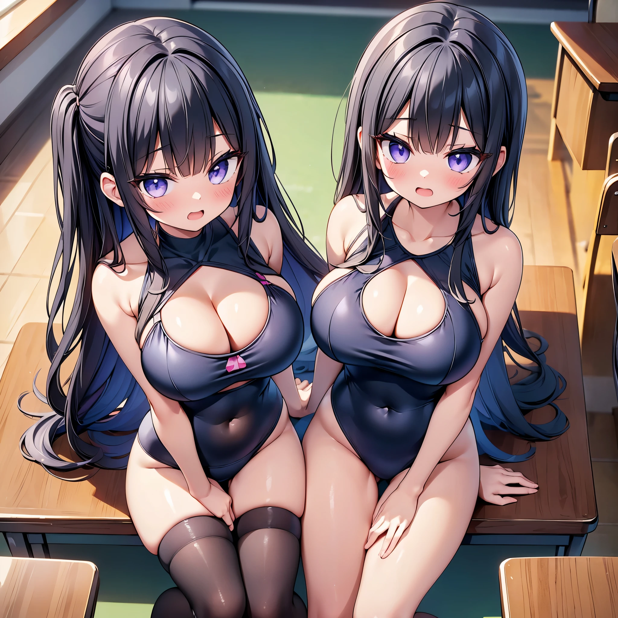 (cute eyes:1.2), (sparkling eyes:1.2), (8K、Best image quality、highest quality、masterpiece)、Detailed face、(2 girls)、Improve、(Black Hair, Purple Eyes, long hair)、(open mouth), (embarrassed), (skinny body:1.3),(huge breasts:1.4), (one piece swimsuit:1.2), (cleavage), (crop top navel), Sit on a chair, Classroom Background, (black stockings:1.1), (Thighs:1.1), (Waistline:1.1),(close-up shot of bust), (from above:1.2)