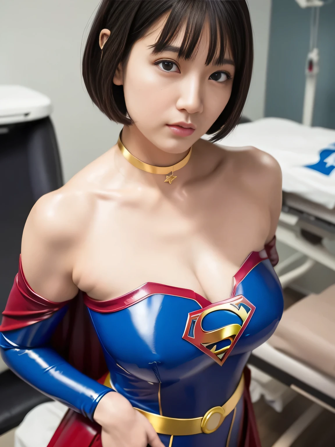 masterpiece、Enamel Supergirl Costume、Short Hair、Hospital operating table、Crisis situation、Big and ample breasts、looking at the camera、Shiny、Off the shoulder、choker、Long sleeve、exy poses to seduce、Sweaty、Model Body Type、Alluring、charm、Enchanting、Abused、test subject、victim、Wild、Photorealistic、latex、