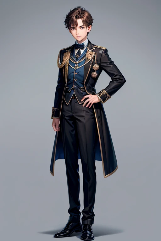 15 year old boy, short brown hair, medieval French clothing, light blue shirt with black tie, black pants, black shoes, bearskin jacket, sapphire pin shaped like a pine tree, dark castle background.