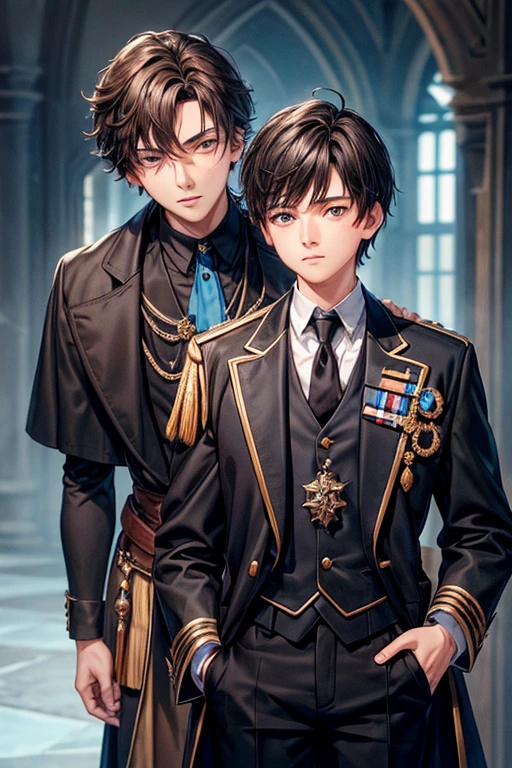 15 year old boy, short brown hair, medieval French clothing, light blue shirt with black tie, black pants, black shoes, bearskin jacket, sapphire pin shaped like a pine tree, dark castle background.