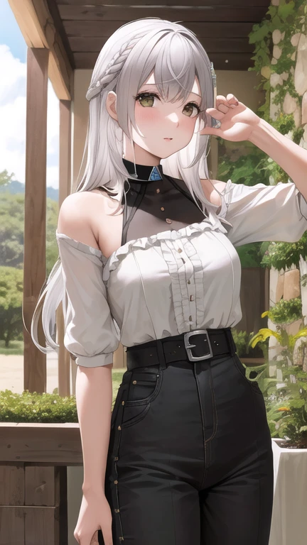 Obra maestra, mejor calidad, high resolution, eenoel, pelo largo, cola de caballo, adorno para el pelo, Cinta para el pelo, Ojos de Greeen, cuello halter, transparente, corbata azul, pantalones cortos negros, hombros descubiertos, vestido blanco, mangas separadas, correa del muslo, de pie, tiro de vaquero, al aire libre