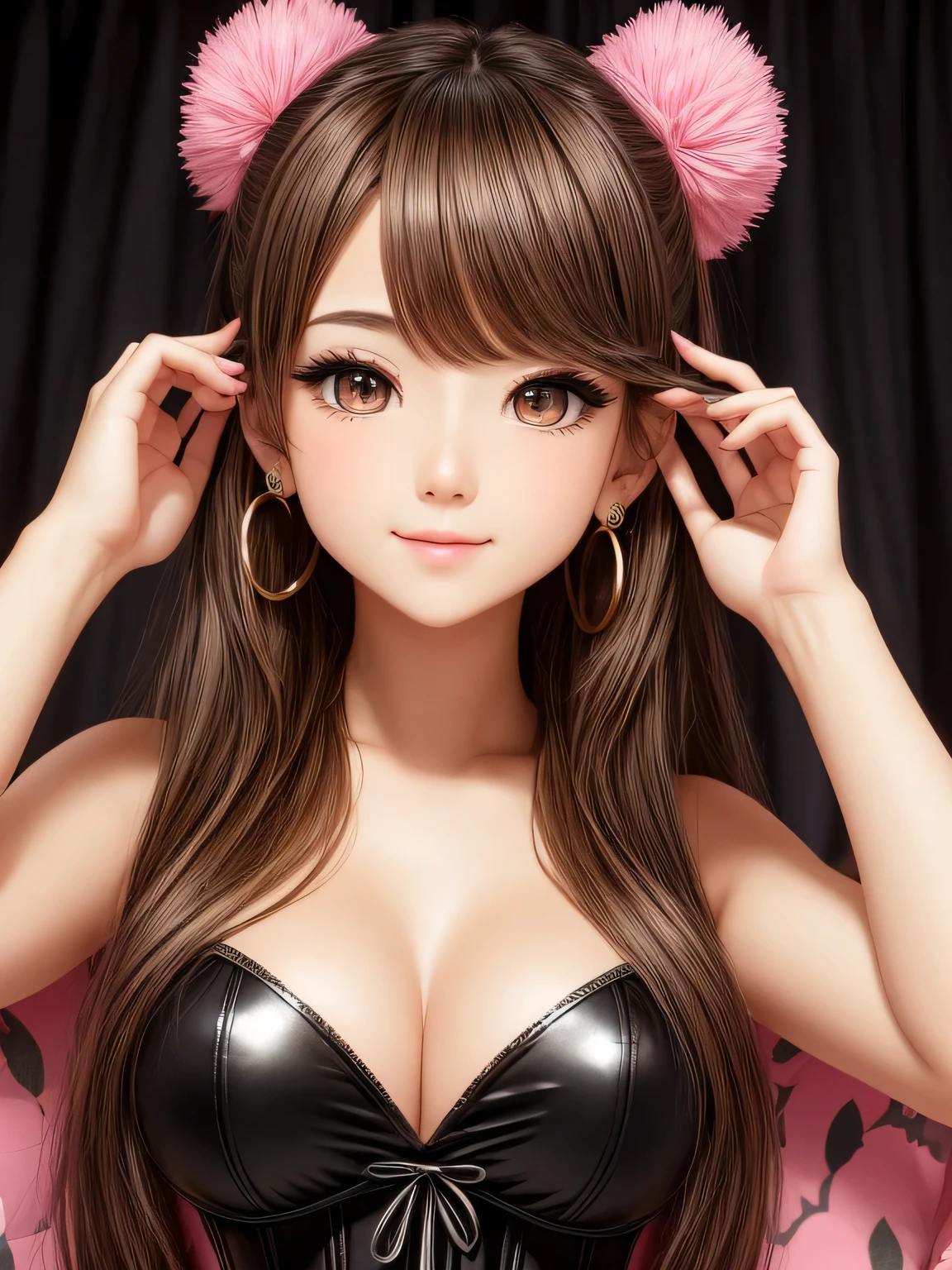 A girl with curly, dark blonde hair and an oval face. She has round, doe eyes with brown color and manga-style eyelashes. She is wearing gyaru makeup and animal print clothes, which reflect her gyaru clothing style. Her outfit consists of black and pink colors, with a corset and skirt adorned with bows. She has long, pink nails and wears earrings with pom poms. The girl poses cutely, radiating a sense of charm and innocence.
The image should be of the best quality, with a resolution of 4k or higher. It should be ultra-detailed and have a photorealistic effect with a strength of 1.37. The lighting should be vibrant and evoke a studio-like atmosphere. The colors should be vivid and the image should have a bokeh effect in the background. The overall style of the image should be in line with portraits and anime. The colors should be vibrant and colorful, with a soft, warm light illuminating the scene.