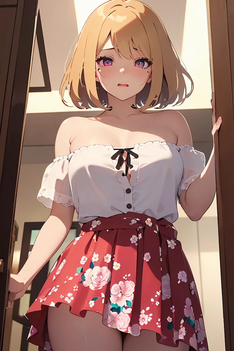 masterpiece, absurdres, best quality, ultra detailed, high Resolution, detailed illustration, bright colour, (extremely beautiful detailed face and eyes, Delicate beautiful face, 1 girl, cute face:1.3), (magenta eyes:1.1), sparkling eyes, big eyes, medium breasts, (perky breasts:1.1), (pointy breasts:1.1), medium hips, glamorous body, white skin, BREAK, long bob cut, (blonde hair:0.8), messy hair, detailed hair, shiny hair, BREAK (strapless mini casual dress with floral print, down blouse:1.5), perfect lighting, (embarrassed:1.5), (ecstasy, vulgarity:1.5), (trembling:0.8), (Peeking up the skirt from below:1.5),