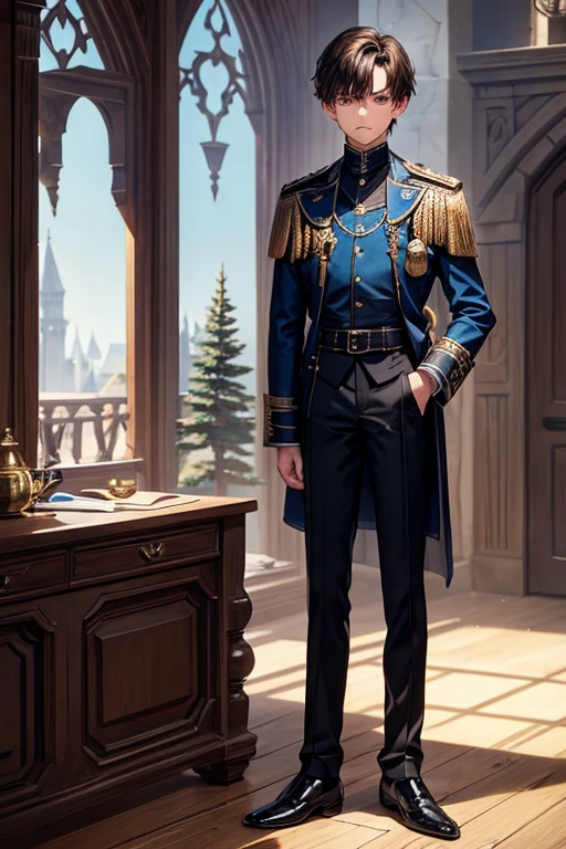 15 year old boy, short brown hair, medieval French clothing, light blue shirt with black tie, black pants, black shoes, bearskin jacket, sapphire pin shaped like a pine tree, dark castle background.