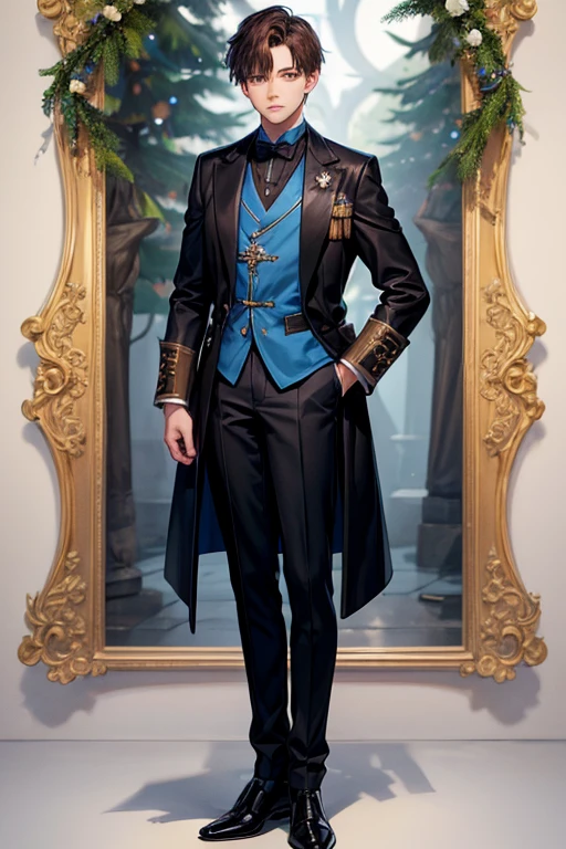 15 year old boy, short brown hair, medieval French clothing, light blue shirt with black tie, black pants, black shoes, bearskin jacket, sapphire pin shaped like a pine tree, dark castle background.