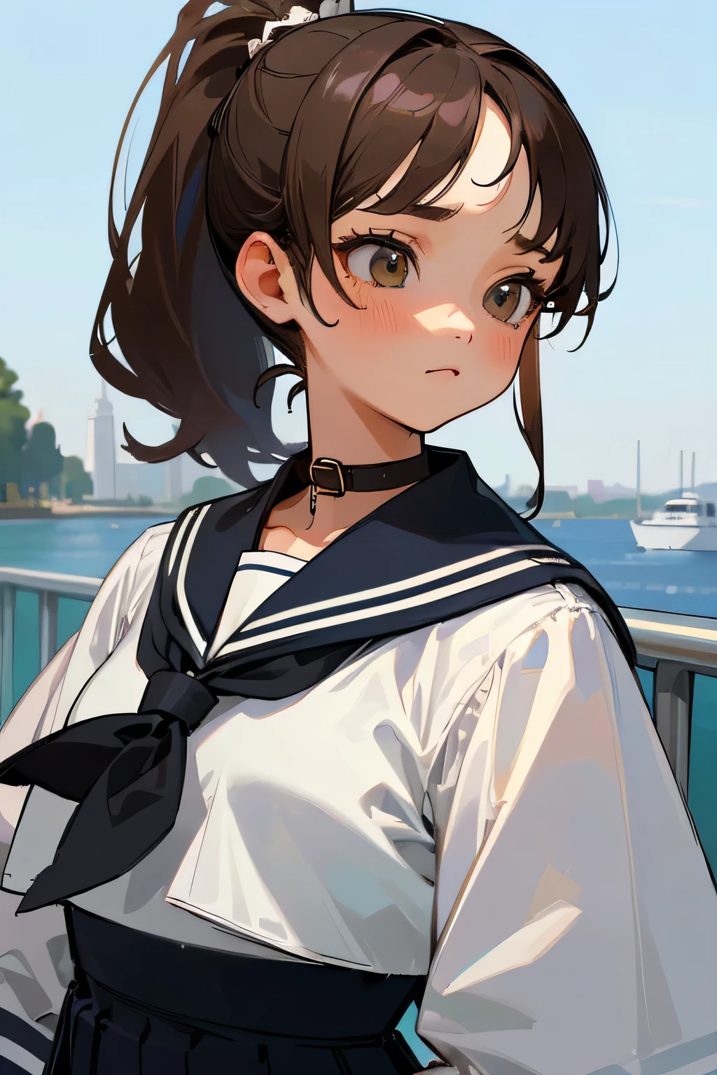 (highest quality:1.4)、High resolution、Detailed Background)、(Beautiful face in every detail:1.4)、Anatomically correct、Detailed facial expressions、Teenage beauty、Cute color hair color、ponytail、on the train、Zoom in from the side、Gazing into the distance、Upper body only、Emphasis on feminine silhouettes、Cute eyes、(A short-sleeved dark-colored sailor suit、White sailor collar:1.2)、Checkered Pleated Skirt