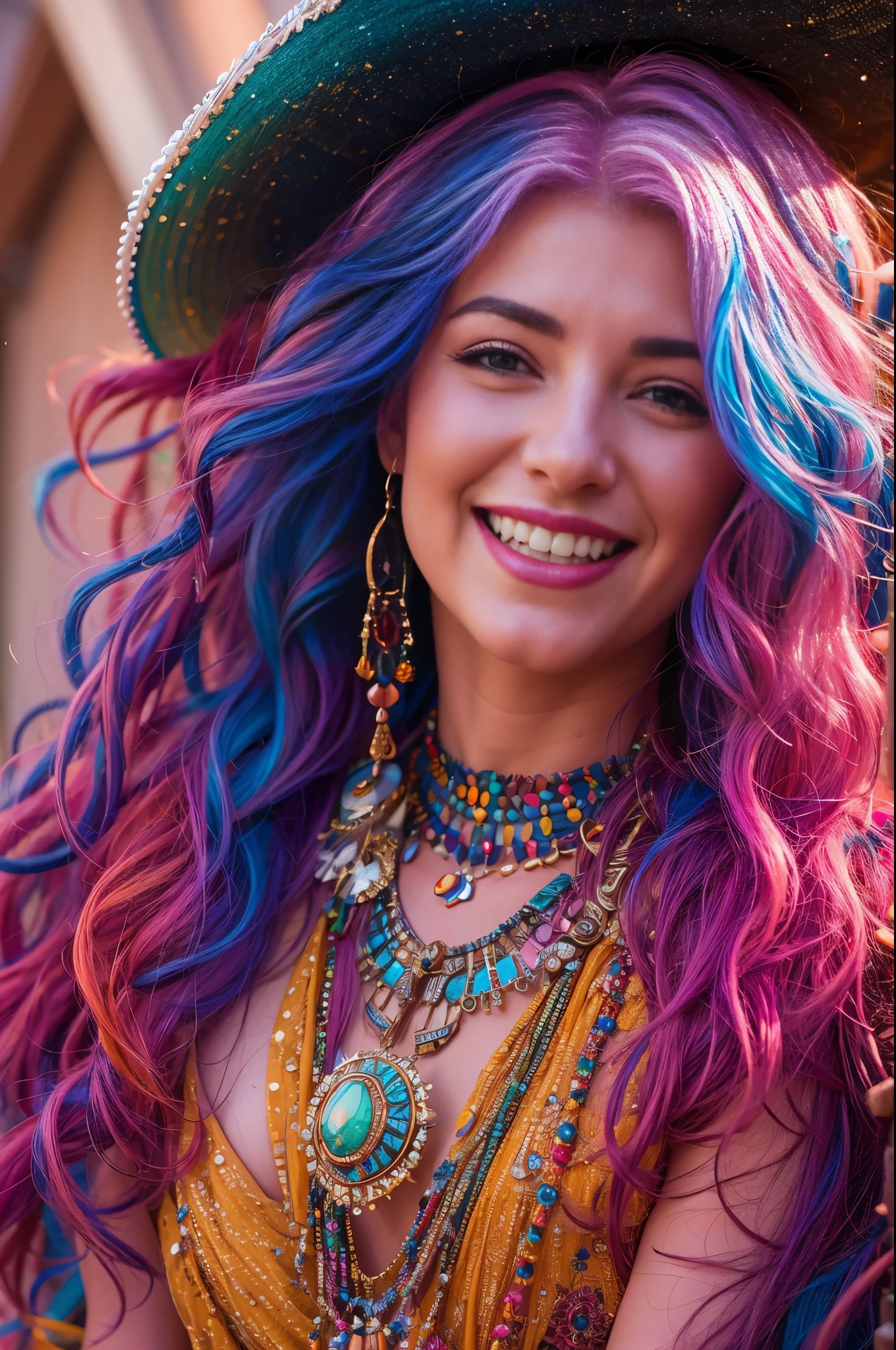 Close-up of a woman with colorful hair and necklace, fantasy palace, cowboy shot, masterpiece, 8k, best quality, cute smile, kate bush