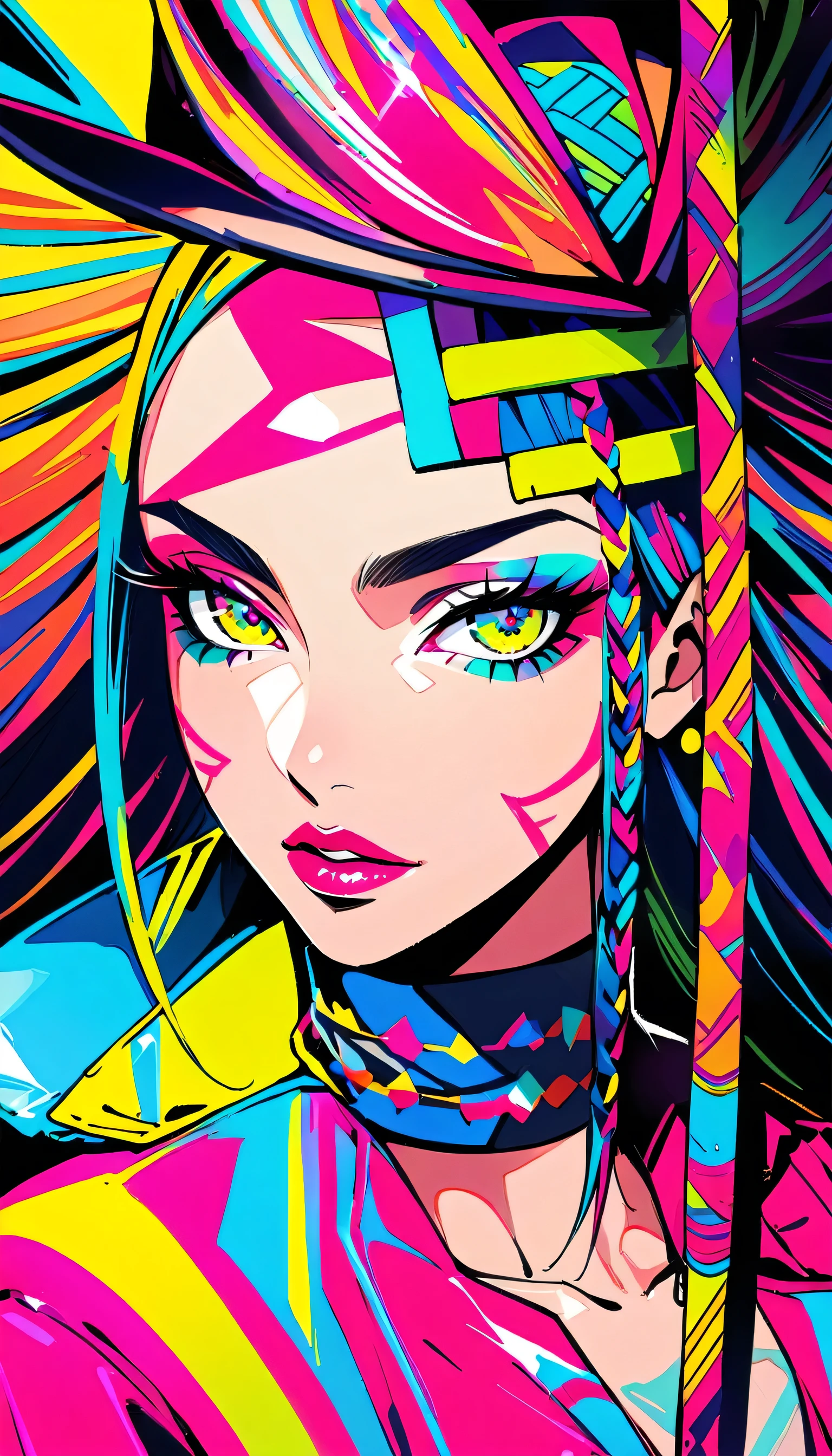 (stylish magazine cover):innovative makeup,supermodel,tribal makeup,futuristic beauty,detailed eyes and lips,beautiful detailed eyes,beautiful detailed lips,extremely detailed eyes and face,long eyelashes,glamorous look,vibrant colors,eye-catching background,creative fashion,high fashion,avant-garde style,runway makeup,edgy,high contrast,professional lighting,magazine-worthy,striking composition