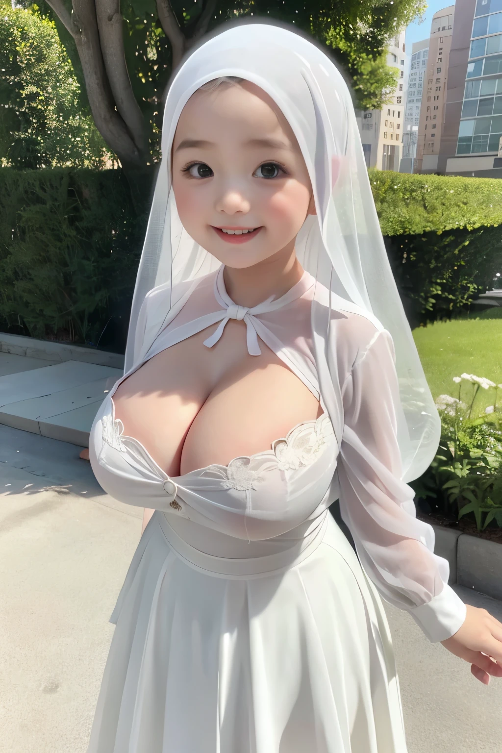 adorable, 1 girl, 8 , baby facesmiling, (face details: 1), (eye details: 1), ((big breasts)). ((Large breasts)). ((Cleavage)). wearing white long transparent shirt, hijab, .. Cute posed. Standing, outdoor, Full body shot, proportional body. Ultra High Res. realistic: 1.4, UHD