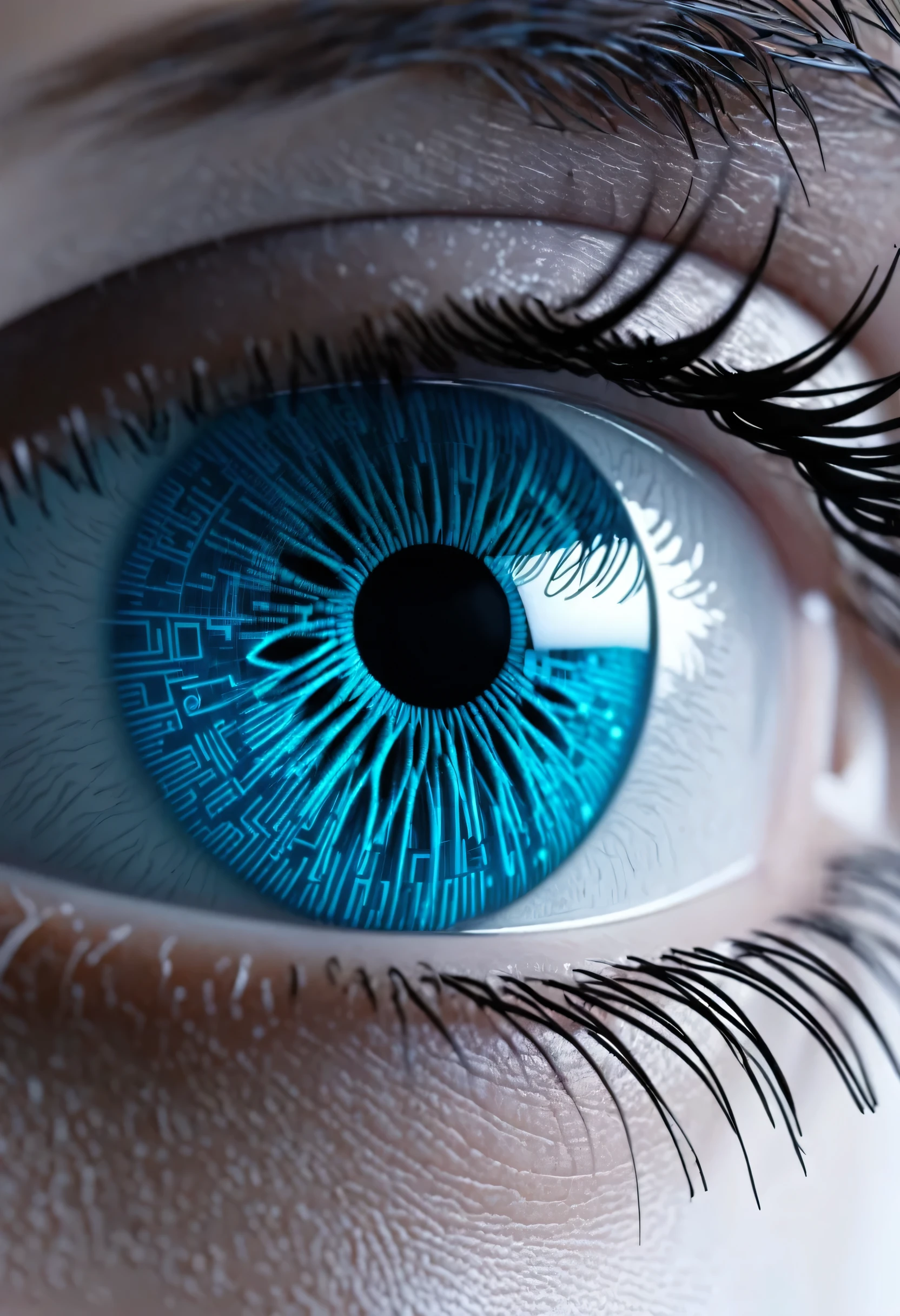 blue digital iris rounded eye made on computer codes cast in cyberspace surrounded by binary numbers, bluesh color image, 4k,
