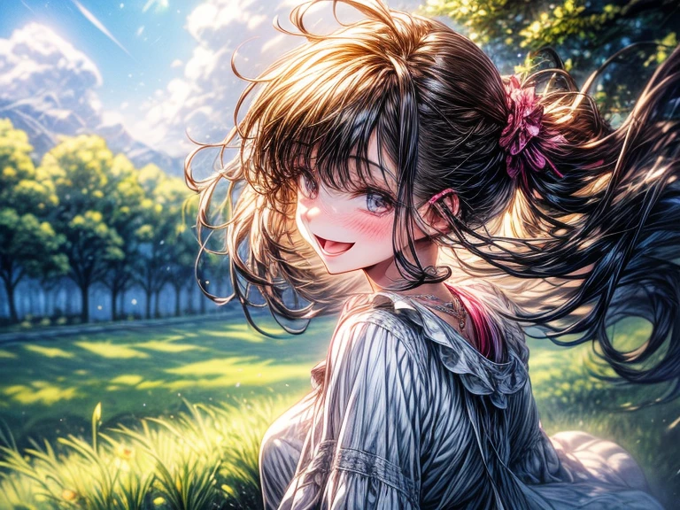 Beautiful and happy girl in 2D, listening to music in a grass and trees and the background that is blurred and that it is daytime with sun and relaxed atmosphere