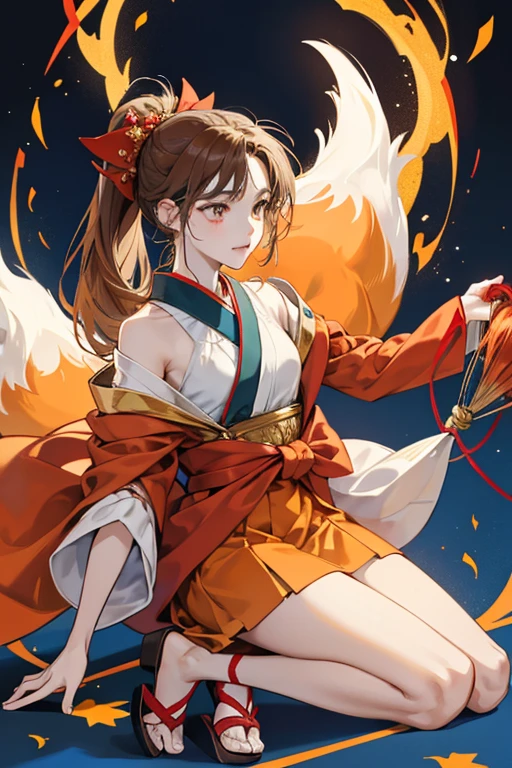 A has pale-skin and orange-ish eyes with really long, dull brown hair pulled into a ponytail held by a red rope with two small gold pieces attached to it, along with a pin. She has orange ears and a short fox tail. 

Her outfit resembles a kimono and consists of dark blue material with gold designs to match the suspenders-style dress over it. The coloring in each sleeve is red and is held with tiny red bows to match the material tied on her upper right shoulder. Around her waist is a dark blue band with gold accenting and leaf. She wears plain, pale brown toed sandals with white straps with a pair of dark blue socks ends below the knee with red string. White ruffled material sticks out from her skirt. SPARKLE; GLITTER