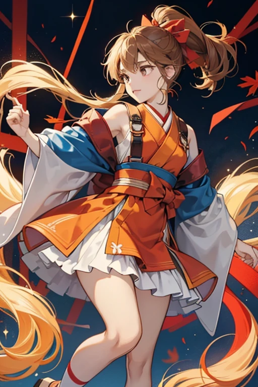 A has pale-skin and orange-ish eyes with really long, dull brown hair pulled into a ponytail held by a red rope with two small gold pieces attached to it, along with a pin. She has orange ears and a short fox tail.
Her outfit resembles a kimono and consists of dark blue material with gold designs to match the suspenders-style dress over it. The coloring in each sleeve is red and is held with tiny red bows to match the material tied on her upper right shoulder. Around her waist is a dark blue band with gold accenting and leaf. She wears plain, pale brown toed sandals with white straps with a pair of dark blue socks ends below the knee with red string. White ruffled material sticks out from her skirt. SPARKLE; GLITTER