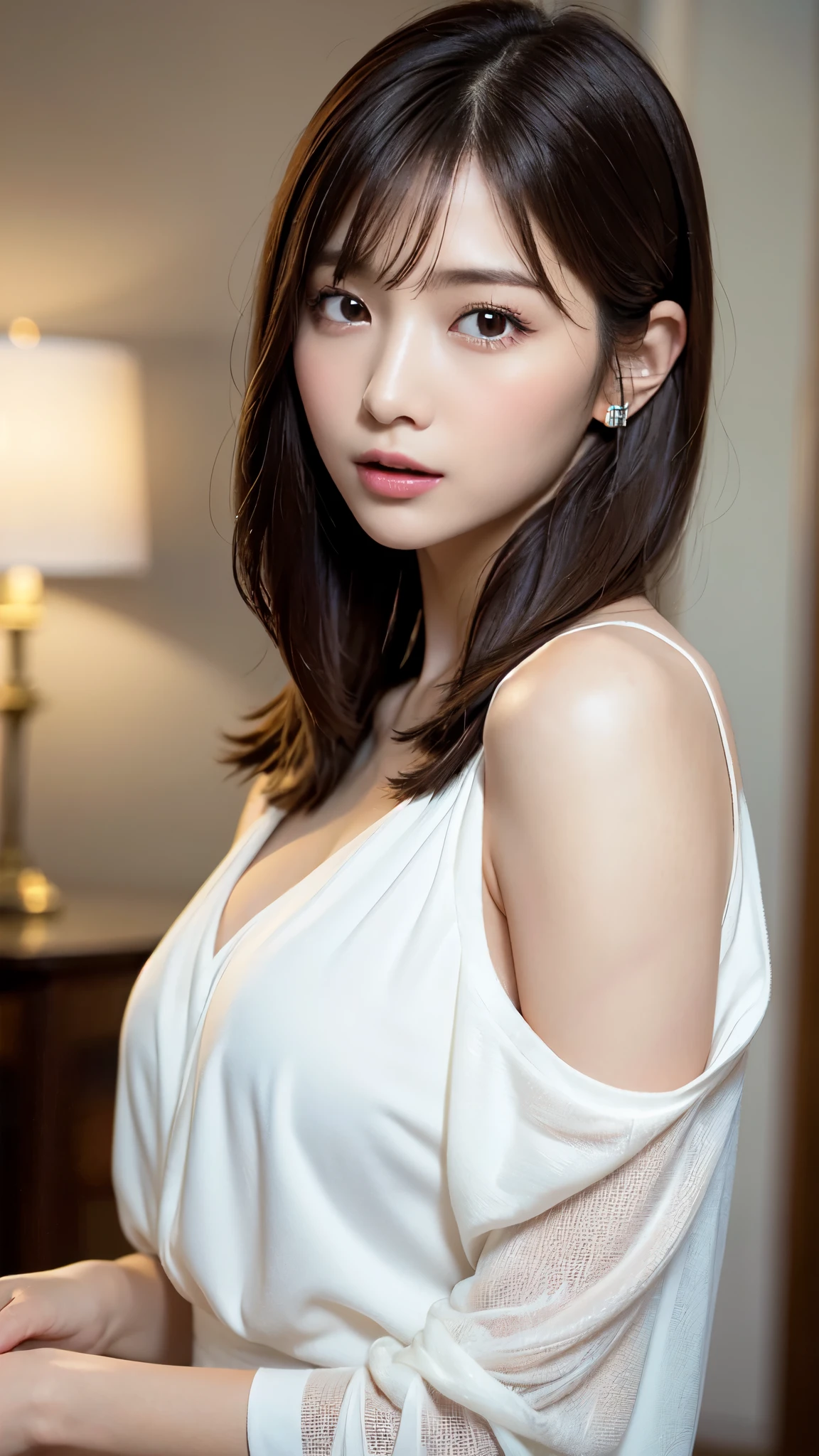 1 female, close up of face, Medium chest, light brown hair, dull bangs, hair behind the ear, shoulder hair, long hair, slender body shape, Extra-fine face, thin face, delicate lips, beautiful eyes, light blush, eyes are light brown, perfect shiny skin, perfect skin, Shining sweat,take a look here, ultra thin hands, extra thin fingers, Optimal ratio of 4 fingers and 1 thumb, (realistic:1.3), finger extension, see-through white blouse, The rotor is inside the vagina, ecstasy face, climax expression, View viewer, ((I can not stand it:1.5)), fujifilm, f/1.2, 8K, table top, nffsw, Super detailed, high quality, 最high quality, High resolution,