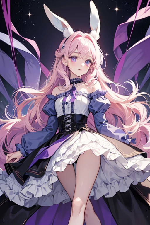 ChuChu is a pale-skinned girl with soft rose-colored eyes and pale, long lilac hair with curls along the end and straight cut bangs. She has a white fluffy rabbit tail and very pale pink rabbit ears.
She wears a black dress with the material cut around the torso to reveal pale indigo material beneath it, held with the dress that is held by the black strings. Around her waist is a purple belt, while each arm has a dark indigo sleeves. A lavender bow rests on her neck with a white collar. Very pale violet-pink ruffles are visible beneath the skirt. Her shoes are plain dark indigo heels with darker indigo leg warmers on top. SPARKLE; GLITTER