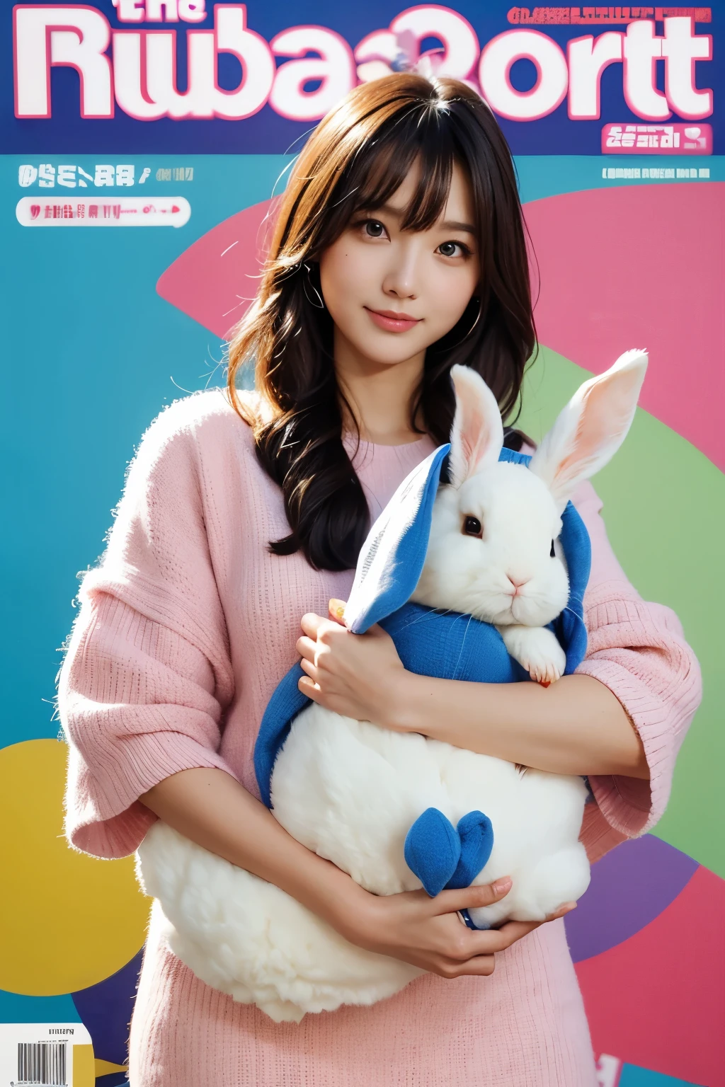 Beautiful woman holding a large rabbit doll, Colorful background, magazine pose,