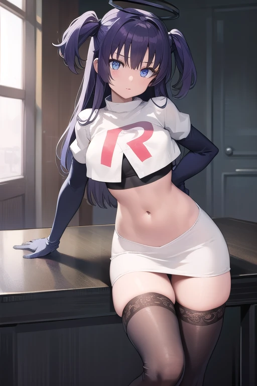 bluearchiveyuuka, yuuka, blue eyes, halo, purple hair, two side up, long hair,
BREAK halo, team rocket,team rocket uniform,white skirt,red letter R,crop top,black thigh-highs,black elbow gloves
BREAK looking at viewer, 
BREAK (masterpiece:1.2), best quality, high resolution, unity 8k wallpaper, (illustration:0.8), (beautiful detailed eyes:1.6), extremely detailed face, perfect lighting, extremely detailed CG, (perfect hands, perfect anatomy),