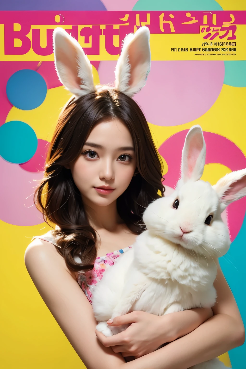 Beautiful woman holding a large rabbit doll, Colorful background, magazine pose,