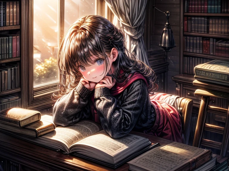 As the sun sets outside the window, the 15-year-old girl curls up in her cozy study, surrounded by bookshelves filled with her treasured collection. The soft light from her desk lamp illuminates the pages of her book, transporting her to another world.