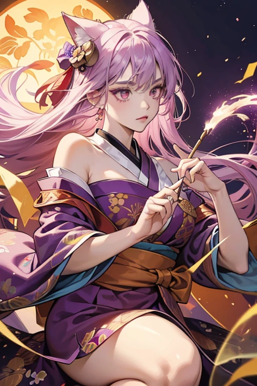 Daru is a pale-skinned girl with sharp golden eyes worn with magenta makeup. She has a long white cat tail and cat ears with pale brown tips and wears her purple hair up in a fancy, traditional chinese style held by six gold pins. She has highlights of pink, gold, white, and blue on her bangs.
She wears an oversized, loose flowing purple kimono with a red and orange leaf print. The collar is dark purple and worn below her shoulders to reveal the magenta top covering her chest. At the waist is a gold bow with a giant violent flower on one side. She carries a gold pipe.
Daru also has what appear to be telekinetic powers that she uses to manipulate the giant Daruma to play the drums and can even levitate in midair. SPARKLE; GLITTER