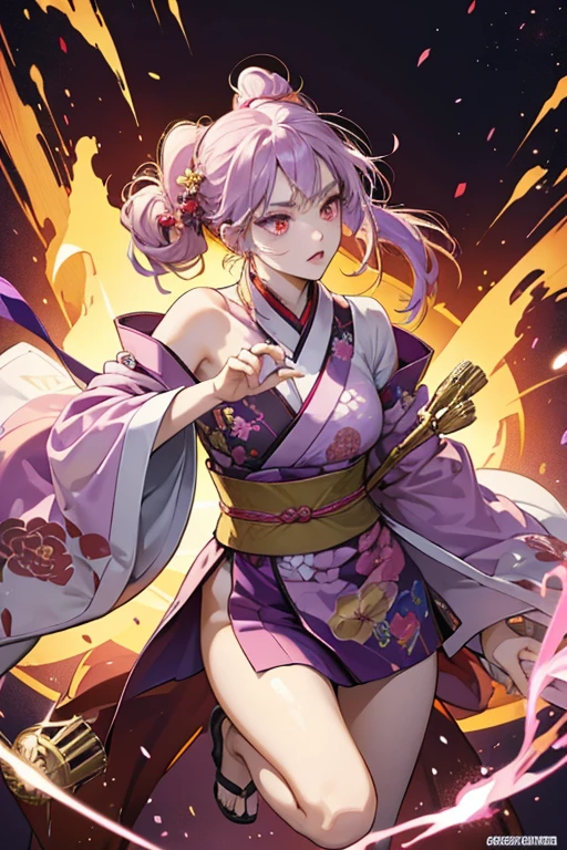 Daru is a pale-skinned girl with sharp golden eyes worn with magenta makeup. She has a long white cat tail and cat ears with pale brown tips and wears her purple hair up in a fancy, traditional chinese style held by six gold pins. She has highlights of pink, gold, white, and blue on her bangs. 

She wears an oversized, loose flowing purple kimono with a red and orange leaf print. The collar is dark purple and worn below her shoulders to reveal the magenta top covering her chest. At the waist is a gold bow with a giant violent flower on one side. She carries a gold pipe. 

Daru also has what appear to be telekinetic powers that she uses to manipulate the giant Daruma to play the drums and can even levitate in midair. SPARKLE; GLITTER