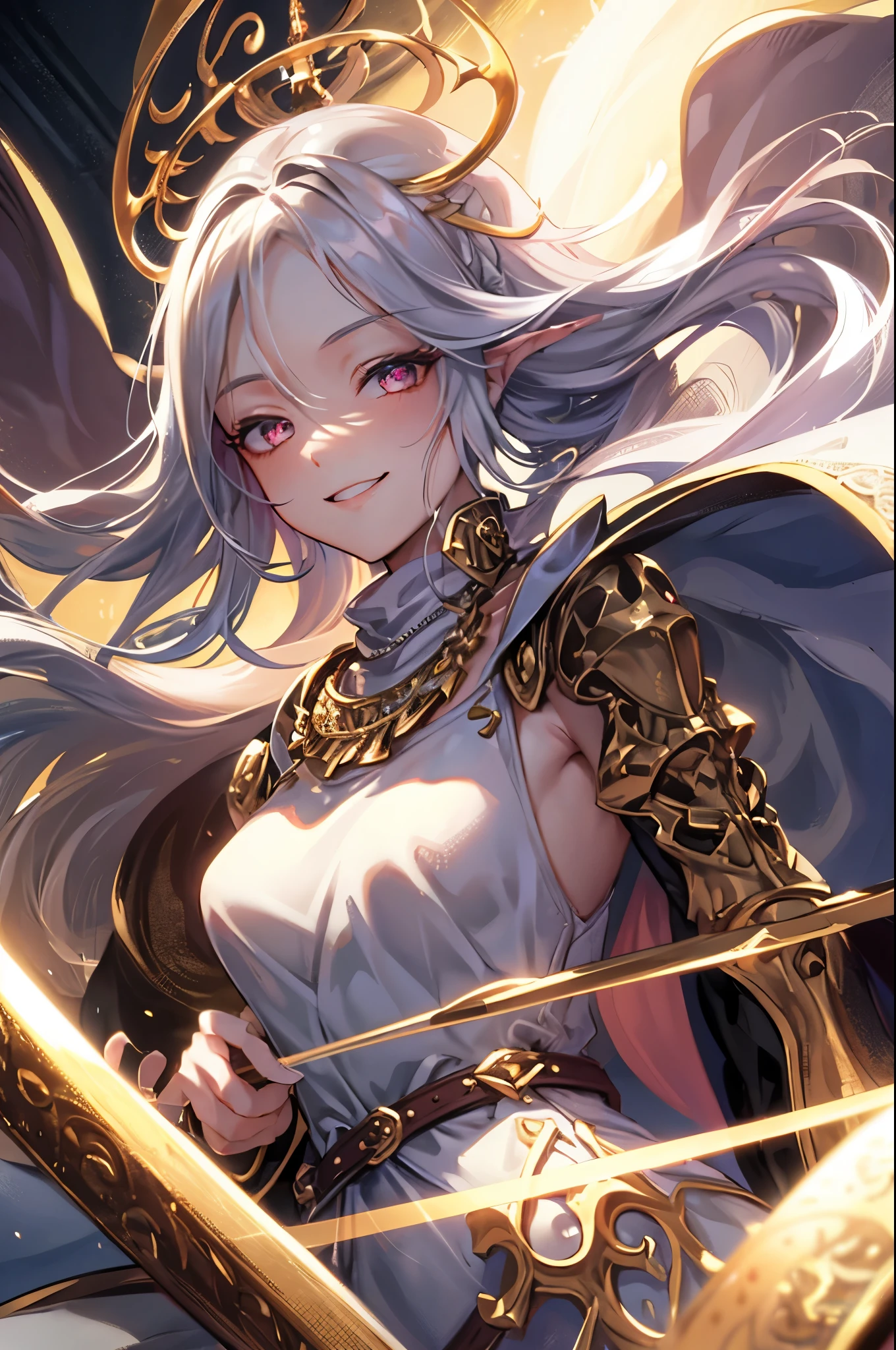 Idol style，Succubus，， Advanced art style，Masterpieces，16K，HD，Scary smile，Silver Hair，noble，Mink scarf，crutch，full-body shot，Golden Light，Advanced Cape，necklace，belt，blush，Halo，Sexy body，Lower chest display，Divine Light，Light and Shadow，Domineering，The King&#39;s Aura，arrogant，Reduce clothing fabric，Details of the face，Overlooking，Saint，perspective，Bandage wrap around the chest，Tattoo on the chest，Fall，dark，Two-tone hair，earrings，ambiguous，Shining star eyes，Special Skills，Advanced special effects，perfect waist to hip ratio，Elf ears，murderous，Horse face skirt，Headdress，Recovery Effects，Game Screen，System pop-up
