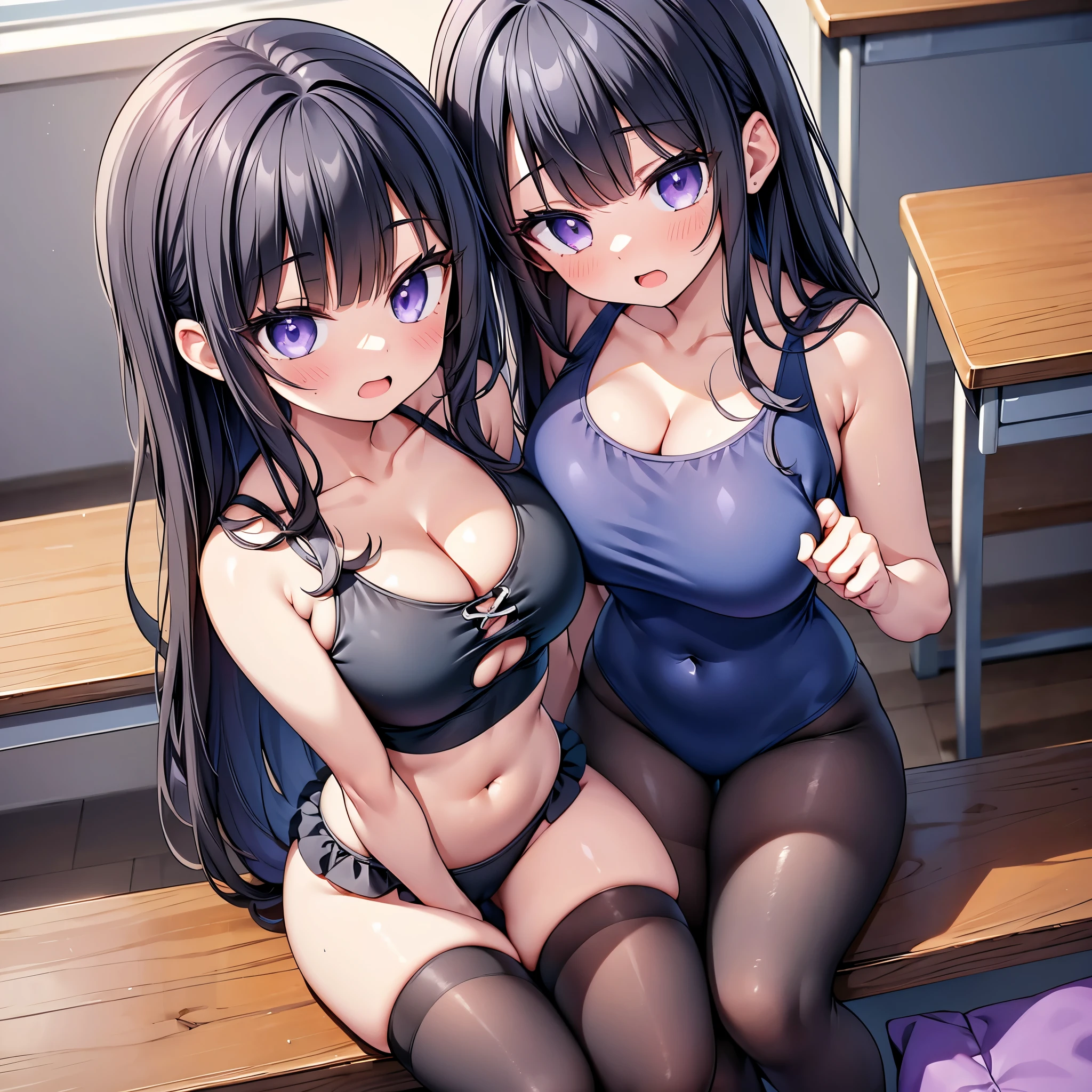 (cute eyes:1.2), (sparkling eyes:1.2), (8K、Best image quality、highest quality、masterpiece)、Detailed face、(2 girls)、Improve、(Black Hair, Purple Eyes, long hair)、(open mouth), (embarrassed), (skinny body:1.3),(huge breasts), (one piece swimsuit:1.2), (cleavage), (crop top navel), Sit on a chair, Classroom Background, (black stockings:1.1), (Thighs:1.1), (Waistline:1.1),(close-up shot of bust), (from above:1.2)