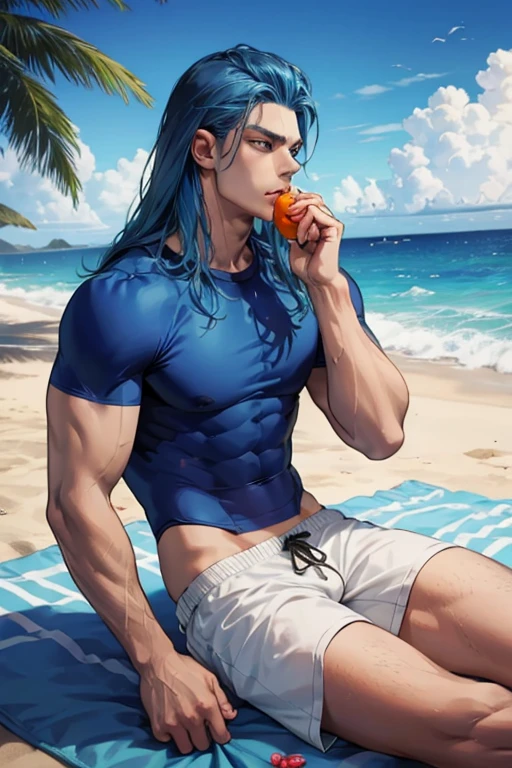 A muscular handsome blue haired man with silver eyes with long hair in swim trunks is eating fruit at the beach