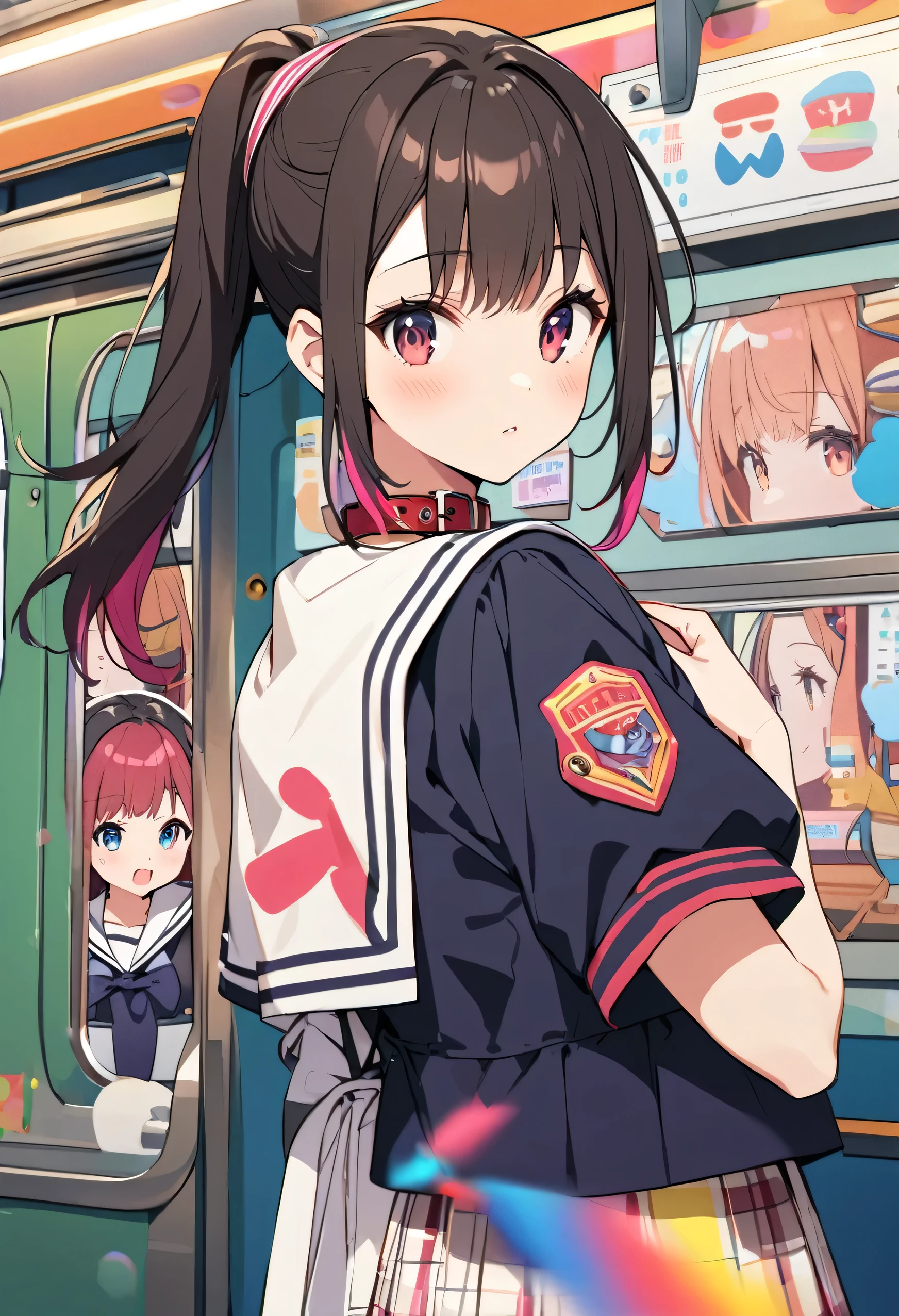 (highest quality:1.4)、High resolution、Detailed Background)、(Beautiful face in every detail:1.4)、Anatomically correct、Detailed facial expressions、Teenage beauty、Cute color hair color、ponytail、on the train、Zoom in from the side、Gazing into the distance、Upper body only、Emphasis on feminine silhouettes、Cute eyes、(A short-sleeved dark-colored sailor suit、White sailor collar:1.2)、Checkered Pleated Skirt