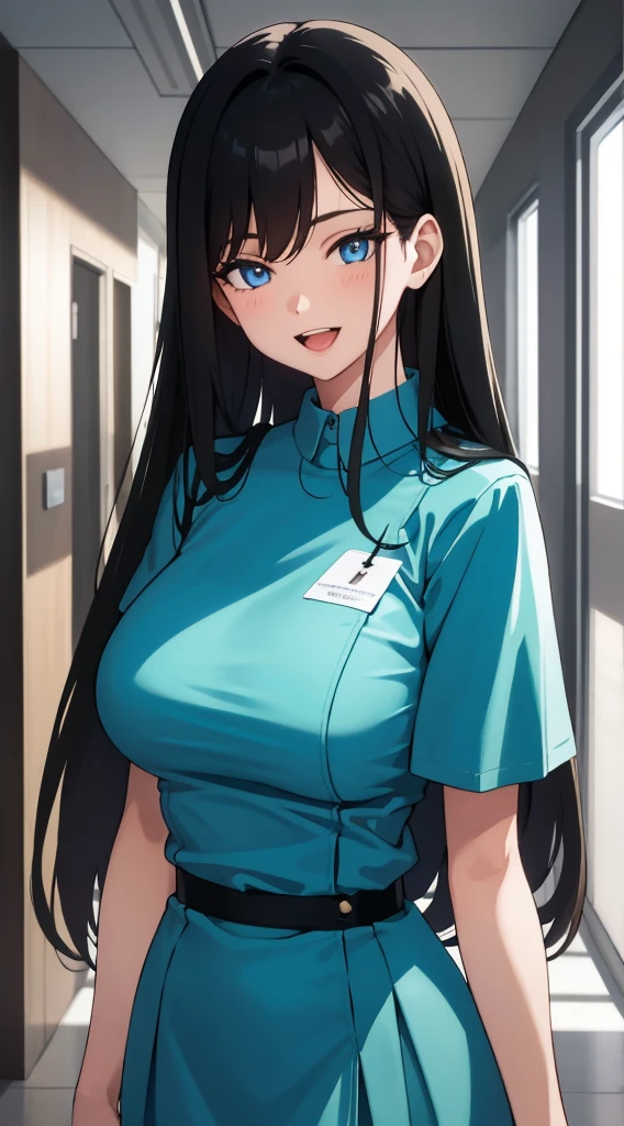 (masterpiece), (best quality), (ultra-detailed), ((girl, 29 years old)), an extremely delicate and beautiful, detailed eyes, minute details, (black hair, long hair, straight hair, hair between eyes), ((big breasts)), smile, open mouth, ((beautiful eyes)), (blue eyes), (upper body), she is wearing a blue dress, (detailed clothes), (detailed background, in a hospital, hospital hallway), (monochrome)