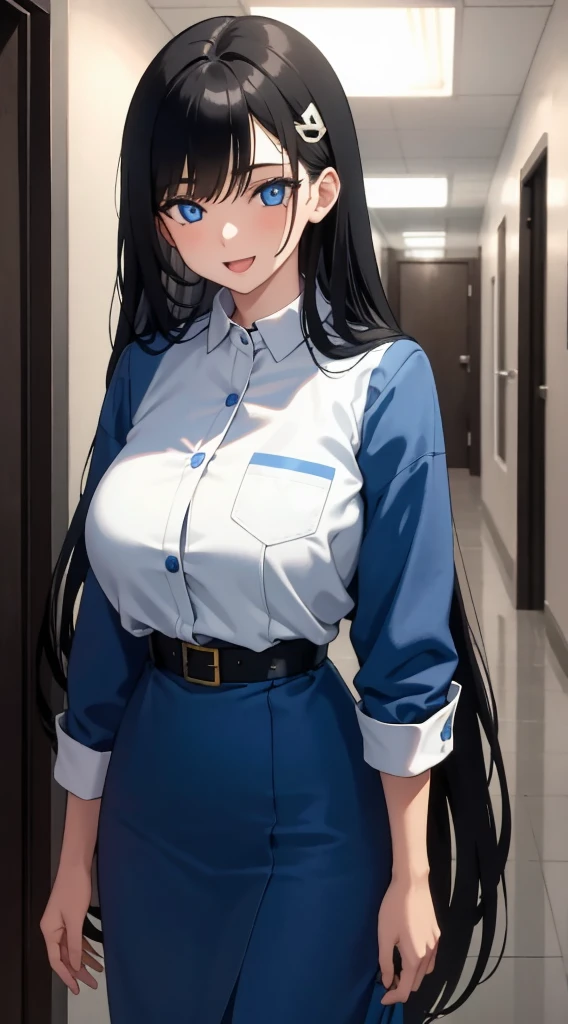 (masterpiece), (best quality), (ultra-detailed), ((girl, 29 years old)), an extremely delicate and beautiful, detailed eyes, minute details, (black hair, long hair, straight hair, hair between eyes), ((big breasts)), smile, open mouth, ((beautiful eyes)), (blue eyes), (upper body), she is wearing a blue dress, (detailed clothes), (detailed background, in a hospital, hospital hallway), (monochrome)