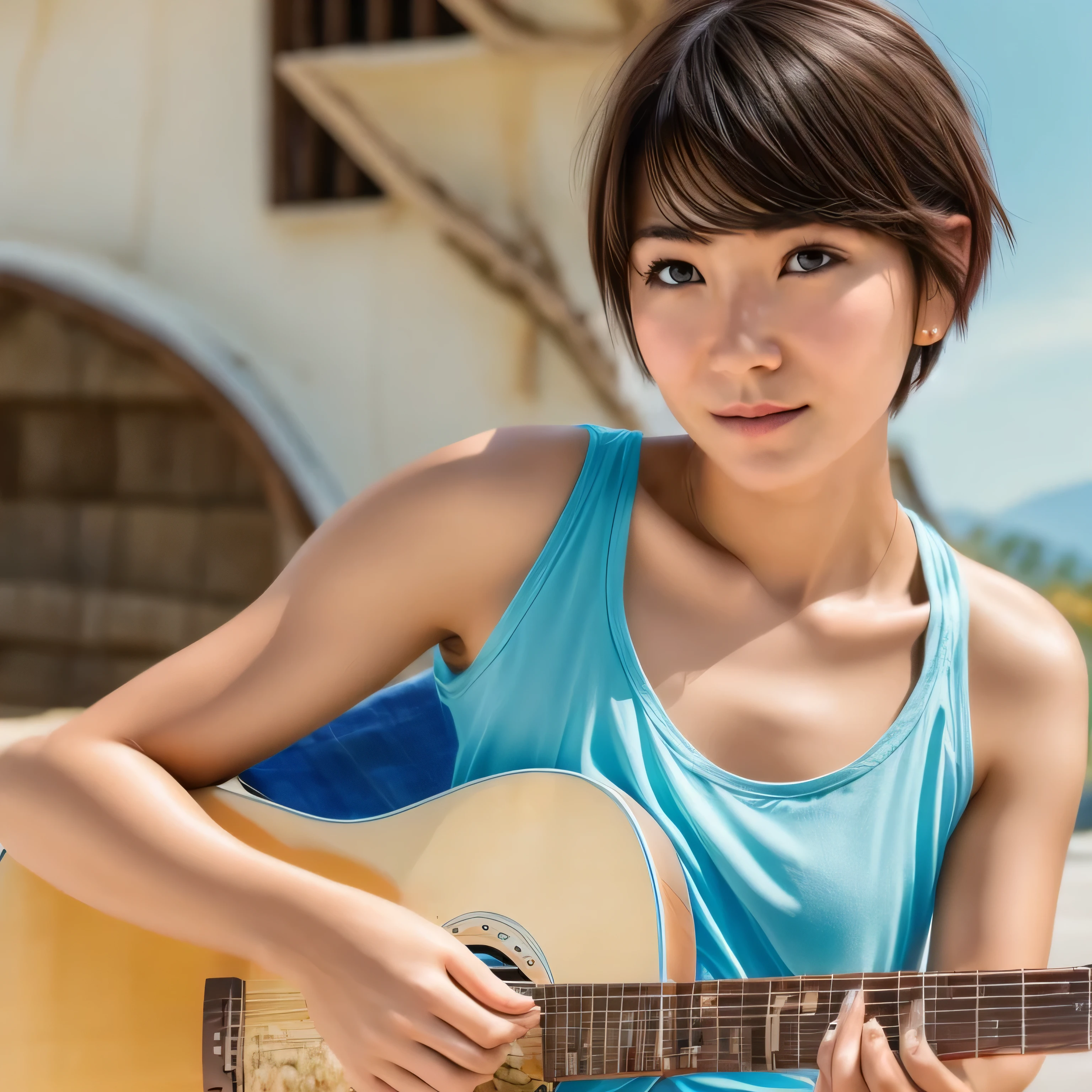 single Thai-german faced beautiful woman, very short hair, blink eyes, ultra-detailed hair, dress in white tank top and blue jeans, playing electric guitar, sepia color photo, dry dessert background setting, masterpiece, satisfied face,