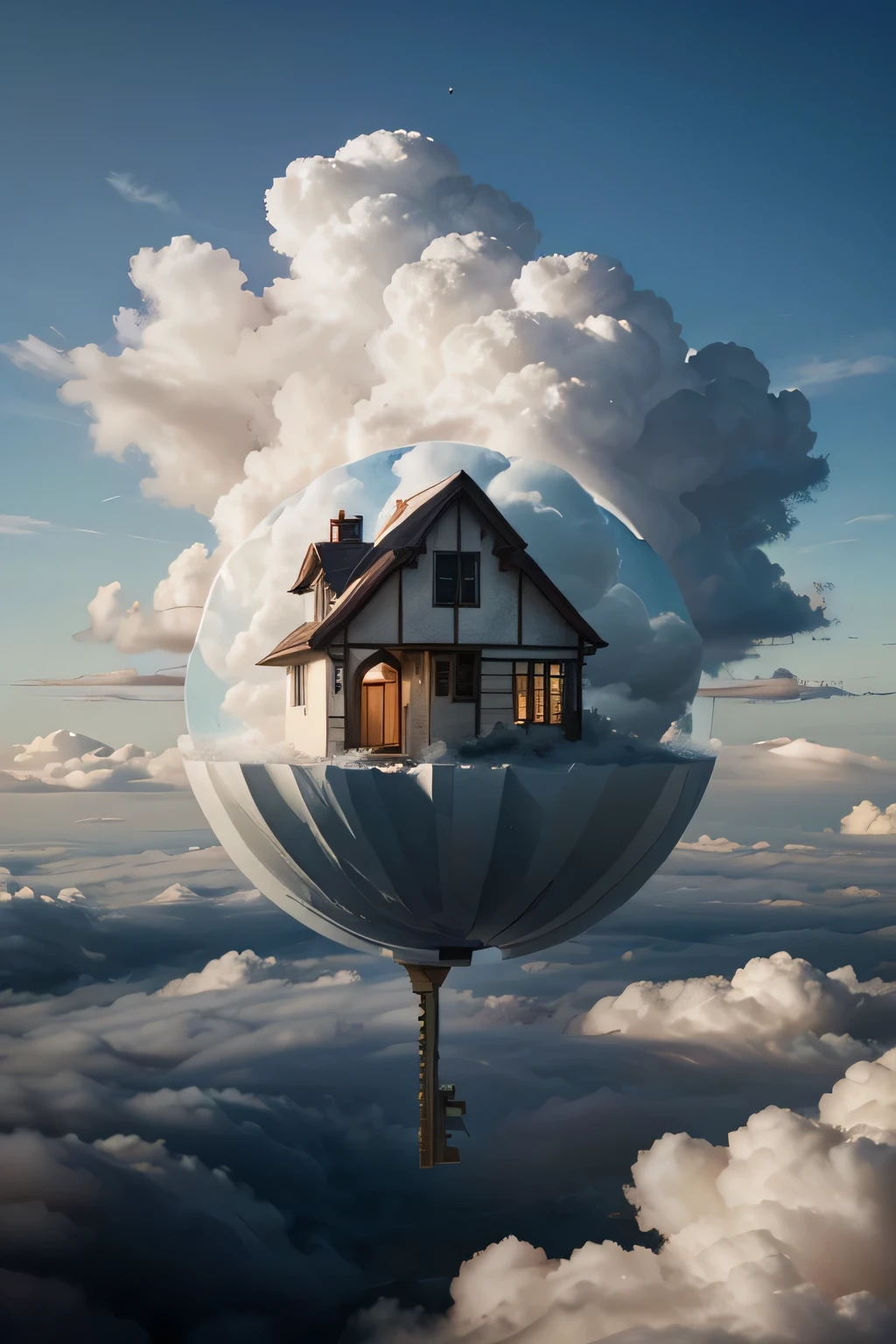 symbolic image like a key turning into a cloud or a house nestled in the clouds. The house in the clouds should be big for a family, it's a dream house for most people. Soft, dreamy colours such as blues and pastels can evoke warmth and possibility. The typography should be clear and modern, reflecting professionalism and reliability. Overall, the logo should convey an emotional connection and a commitment to turning clients' dreams into reality