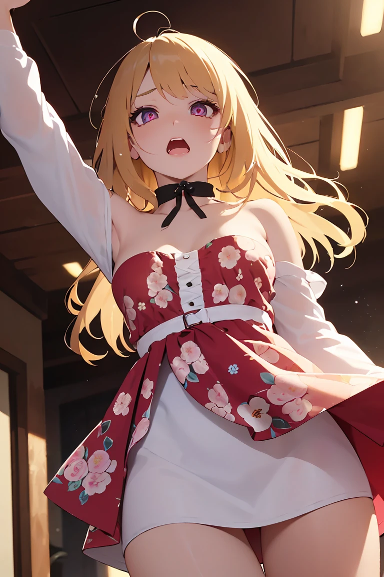 masterpiece, absurdres, best quality, ultra detailed, high Resolution, detailed illustration, bright colour, (extremely beautiful detailed face and eyes, Delicate beautiful face, 1 girl, cute face:1.3), (magenta eyes:1.1), sparkling eyes, big eyes, medium breasts, (perky breasts:1.1), (pointy breasts:1.1), medium hips, glamorous body, white skin, BREAK, long bob cut, (blonde hair:0.8), messy hair, detailed hair, shiny hair, BREAK (strapless mini casual dress with floral print, down blouse:1.5), perfect lighting, (embarrassed:1.5), (???????, vulgarity:1.5), (trembling:0.8), (Looking up the skirt from underneath:1.5),