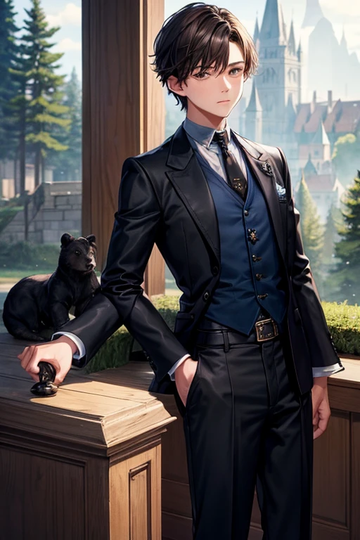 15 year old boy, short brown hair, medieval French clothing, light blue shirt with black tie, black pants, black shoes, bearskin jacket, sapphire pin shaped like a pine tree, dark castle background.