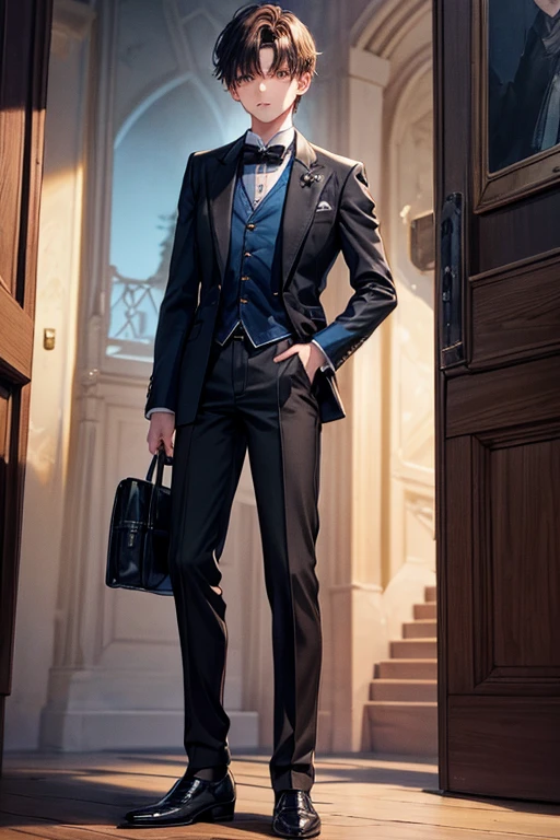 15 year old boy, short brown hair, medieval French clothing, light blue shirt with black tie, black pants, black shoes, bearskin jacket, sapphire pin shaped like a pine tree, dark castle background.