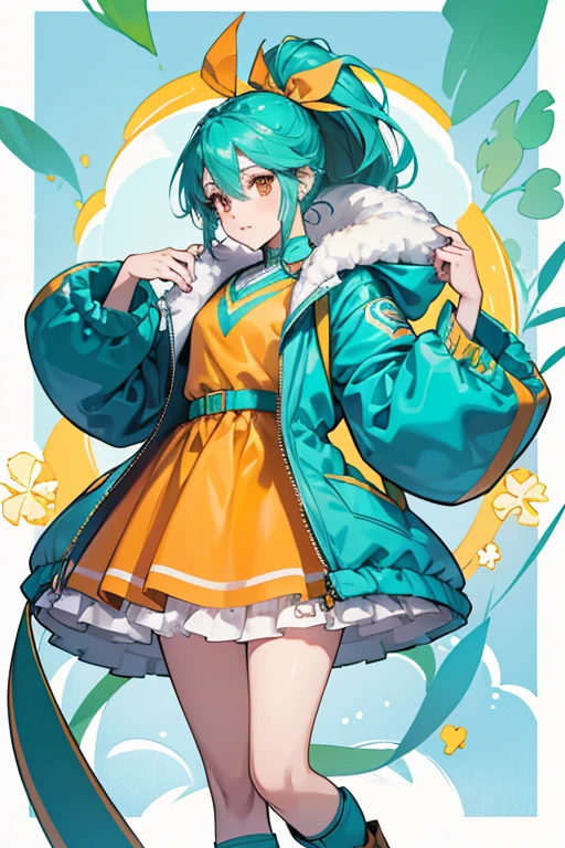 Jacqueline is a fair-skinned girl with orange eyes and very long teal hair worn in a ponytail held with a blue and white bow. On each side of her head is a giant green object with gold on the front and a stripe of dark teal in the center, reminiscent of a frogs eye. She has a frilly, pale blue frogs tail.
She wears an orange parka-styled tank top with pink accenting and a yellow zipper. At the corner of the chest is a green and gold clover. Attached to the back are two long white pieces of cloth with a pale orange clover and a single line below it. Her skirt resembles that of a blue with a single white line and frills of sky blue and very pale blue beneath it. Around each wrist is a translucent blue accessory. She wears plain white socks with gold rubber boots with a green clover at each side. SPARKLE; GLITTER