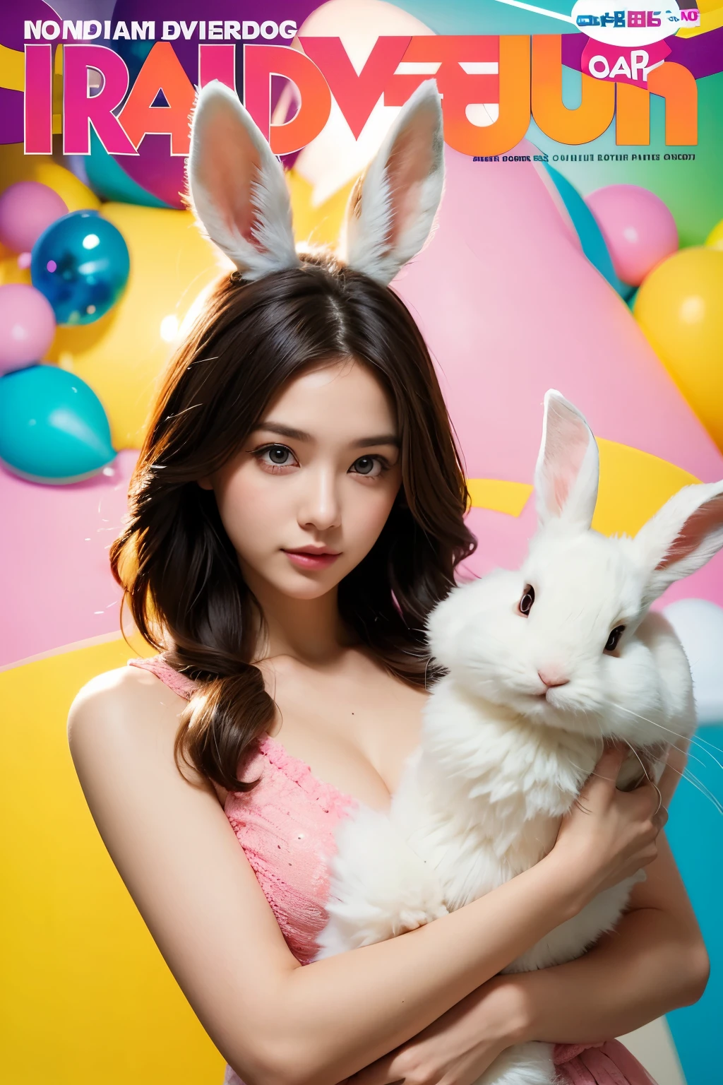 Model and background intact, Beautiful woman holding a large rabbit doll, Colorful background, magazine pose,