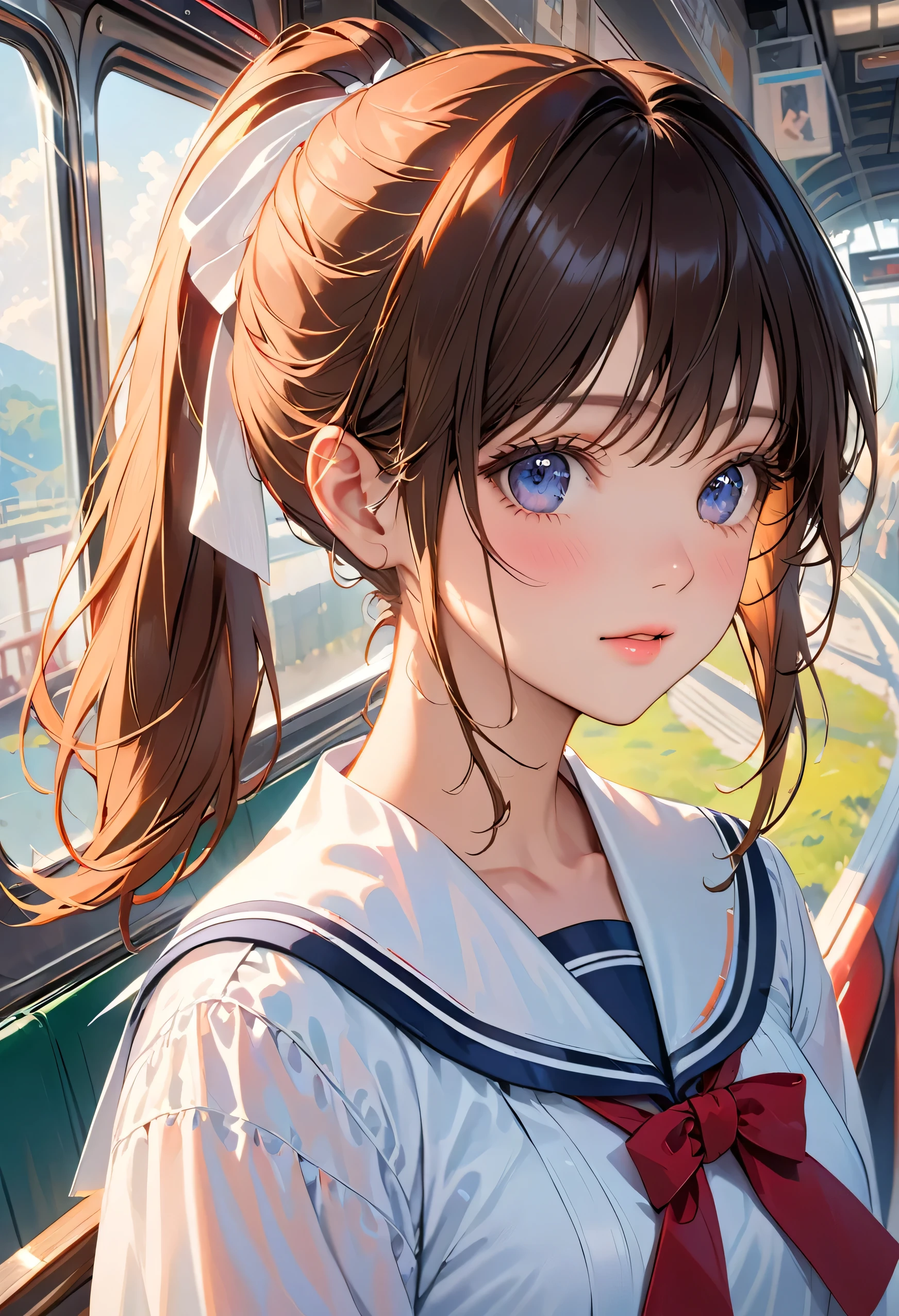 (highest quality:1.4)、High resolution、Detailed Background)、(Beautiful face in every detail:1.4)、Anatomically correct、Detailed facial expressions、Realistic、Teenage beauty、Cute color hair color、ponytail、in the train、Zoom in from the side、Gazing into the distance、Upper body only、Emphasis on feminine silhouettes、Cute eyes、(Dark colored sailor suit、White sailor collar:1.2)、Checkered Pleated Skirt