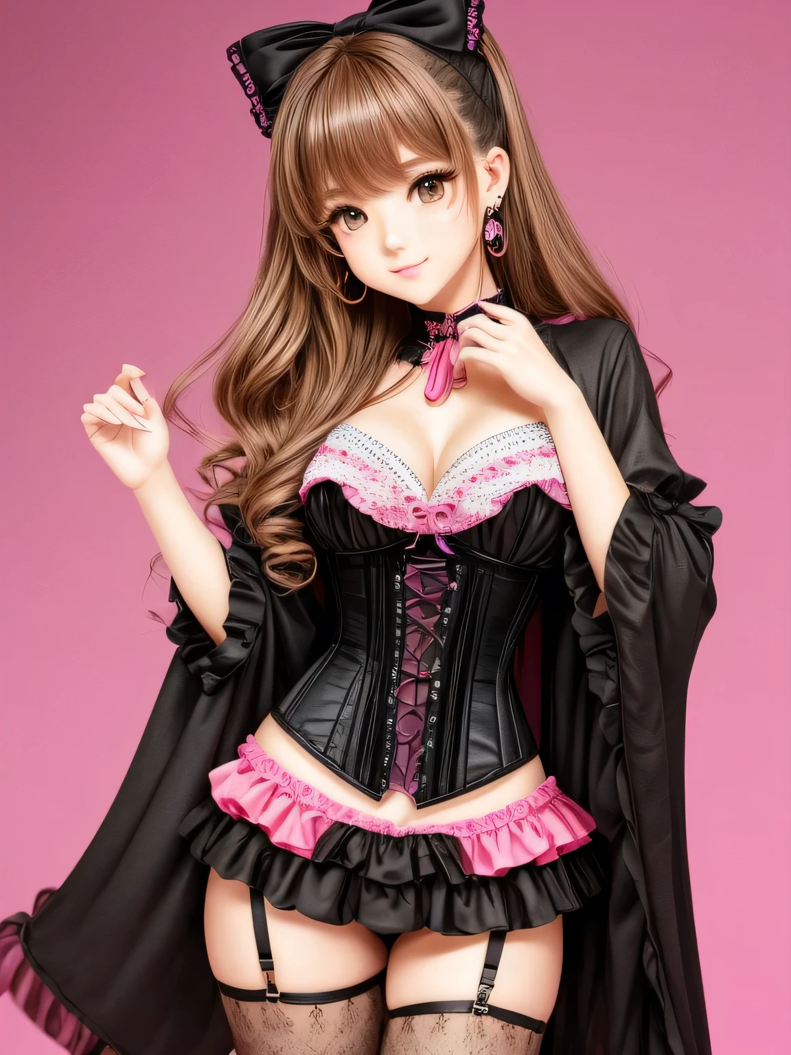 A girl with curly, dark blonde hair and an oval face. She has round, doe eyes with brown color and manga-style eyelashes. She is wearing gyaru makeup and animal print clothes, which reflect her gyaru clothing style. Her outfit consists of black and pink colors, with a corset and skirt adorned with bows. She has long, pink nails and wears earrings with pom poms. The girl poses cutely, radiating a sense of charm and innocence.
The image should be of the best quality, with a resolution of 4k or higher. It should be ultra-detailed and have a photorealistic effect with a strength of 1.37. The lighting should be vibrant and evoke a studio-like atmosphere. The colors should be vivid and the image should have a bokeh effect in the background. The overall style of the image should be in line with portraits and anime. The colors should be vibrant and colorful, with a soft, warm light illuminating the scene.