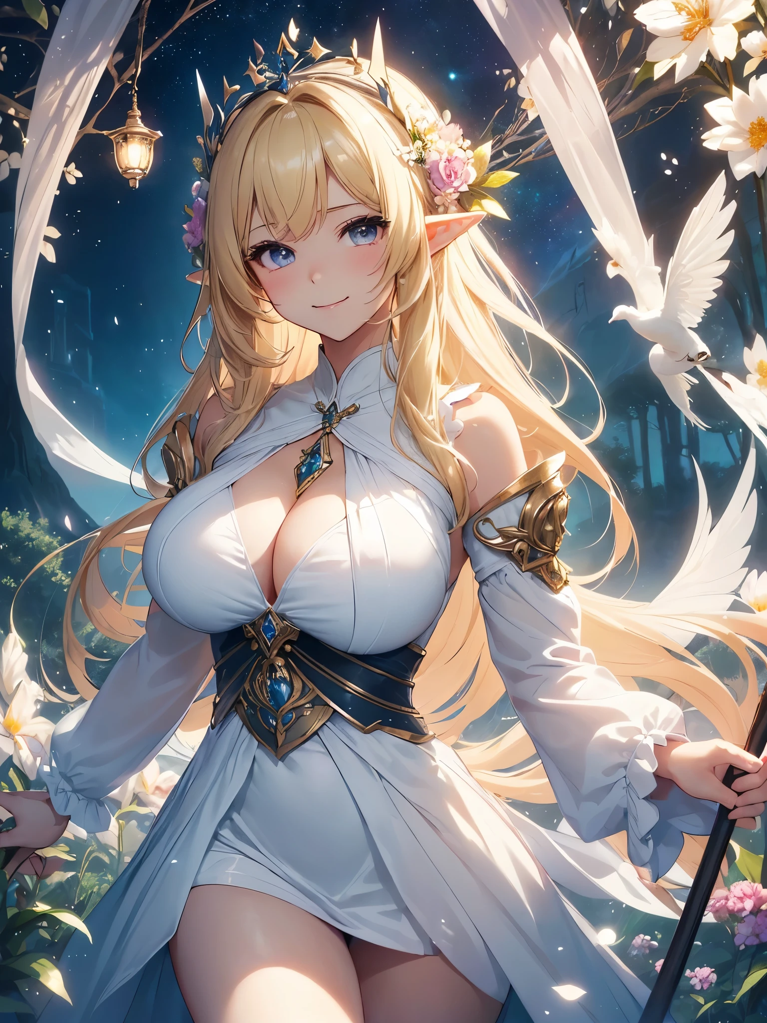 最high quality、1girl  ELF
NP: worst quality ,flower fractal art,
rule of thirds composition,
beautiful glow,
romanticism,
the most beautiful form of chaos, various colors, entangled flower, Particle,magical gentle light,smile,sexy,Image quality、masterpiece、Beautiful Face、Super beautiful elf girl((22 year old office lady with big breasts、Bust 90,Beautiful long ironed hair、blonde、height: 165cm。、sexy、Esbian、、high quality、、background((星nullスキー)))、ビジュアルart、Written boundary depth、、Elf Ears、、Lightのmagic、universe、Happy smile、穏やかなLight、Elven Forest、elegant、ticker beautiful decorative、、magic、Light、　null、Beautiful tiara、、myth、art、、White Dress Armor、Beautifully decorated walking stick、、A kind smile、wonderful、舞い散るflowerびら、Spectacular landscapes、Beautiful Landscape、universeのmagic、magic陣、magicのLight、Fantasy、flower、super REALITY、Dancing happily、、Grow Fantasy、、mysteryのLight、、Elven Nation、　たくさんのflower、、art、art,mystery,Ultra-high resolution,sexy、
