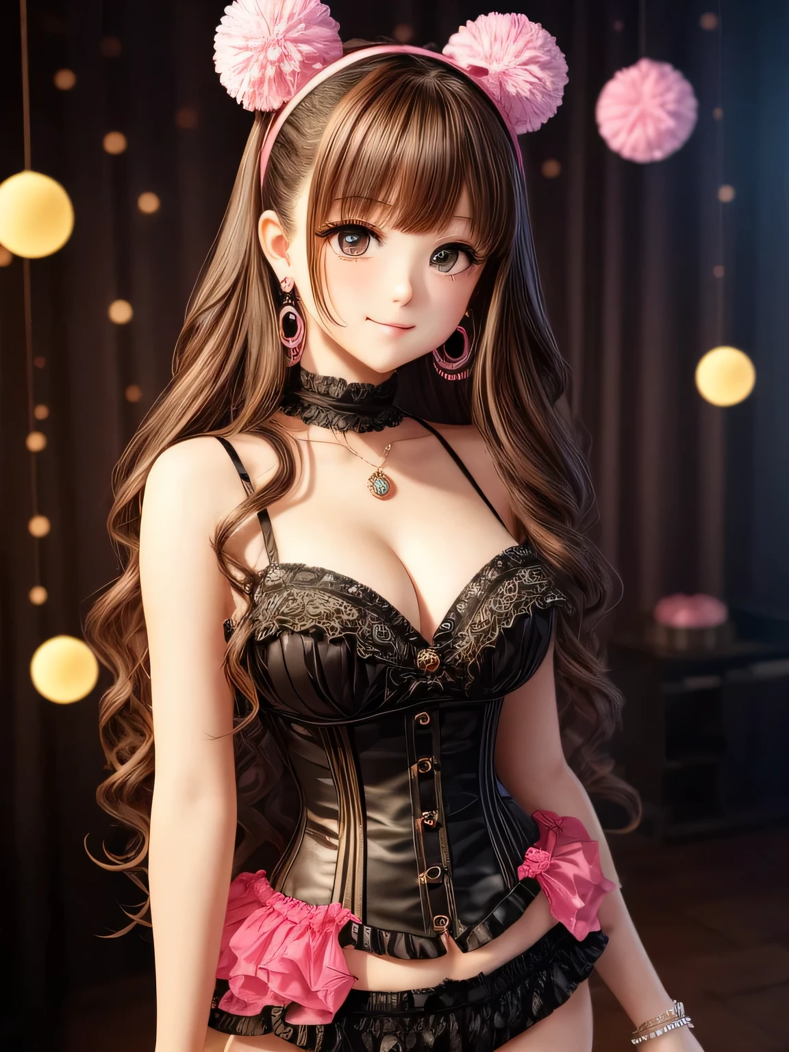 A girl with curly, dark blonde hair and an oval face. She has round, doe eyes with brown color and manga-style eyelashes. She is wearing gyaru makeup and animal print clothes, which reflect her gyaru clothing style. Her outfit consists of black and pink colors, with a corset and skirt adorned with bows. She has long, pink nails and wears earrings with pom poms. The girl poses cutely, radiating a sense of charm and innocence.
The image should be of the best quality, with a resolution of 4k or higher. It should be ultra-detailed and have a photorealistic effect with a strength of 1.37. The lighting should be vibrant and evoke a studio-like atmosphere. The colors should be vivid and the image should have a bokeh effect in the background. The overall style of the image should be in line with portraits and anime. The colors should be vibrant and colorful, with a soft, warm light illuminating the scene.