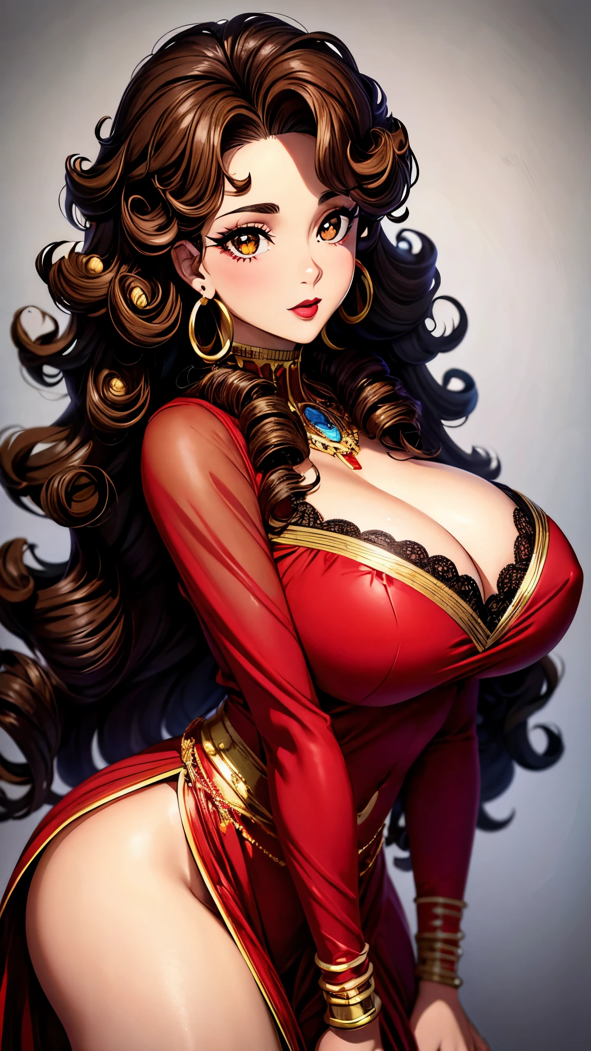 Girl, Brunette, curly hair, afro hair, Extremely beautiful hair, perfect face, beautiful face, extremely beautiful brown eyes, makeup, red lipstick, black blouse, earrings, 