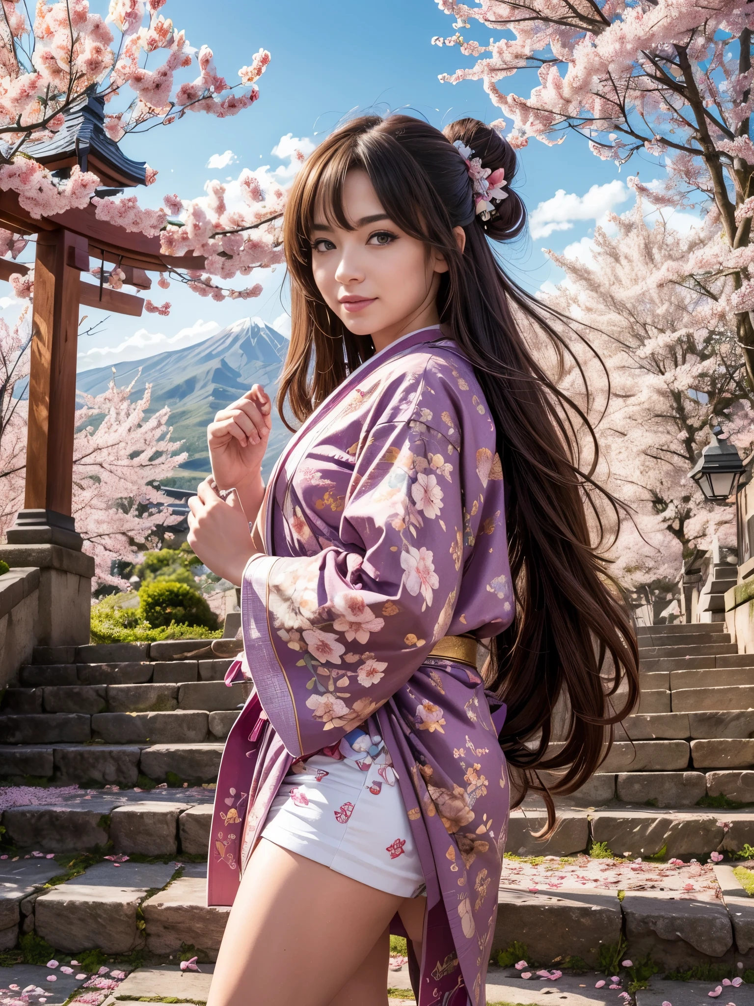 (((masterpiece: 1,5, best quality, high resolution, super resolution, ultra detailed: 1,2, rich background: 1,4))), (close up), (1girl), solo, green eyes, red long hair tied with blue ribbon, hair ornament, blunt bangs, smiling, highschool girl, medium breast, ((hand on the air)), japanese clothes, (blue short pattern kimono), sandals, ribbon, obi, ((outdoor)), cherry blossom, (torii gate), stone staircase, sky (afternoon), cherry blossoms fall, ((dramatic light: 1,3)), cloudy, (fuji scenery behind), kate bush