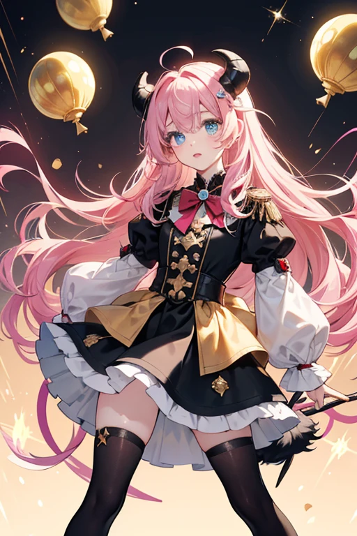 Moa is a pale alien girl with pale blue eyes. She has very fluffy soft pink hair adorned with gold stars and a single cowlick (which may or may not be an antennae) on the top of her head. She has a small black sheep tail and black sheep ears with gold circled horns.
She wears a pink dress with a balloon-skirt lined with dark gray ruffles. A gold star is printed on each side of the hip, while a red bow rests on her neck with a gold bell on it. Black sleeves cover her arms, while her hands appear naturally black, matching her legs (which may be black tights) worn with light pink boots. SPARKLE; GLITTER